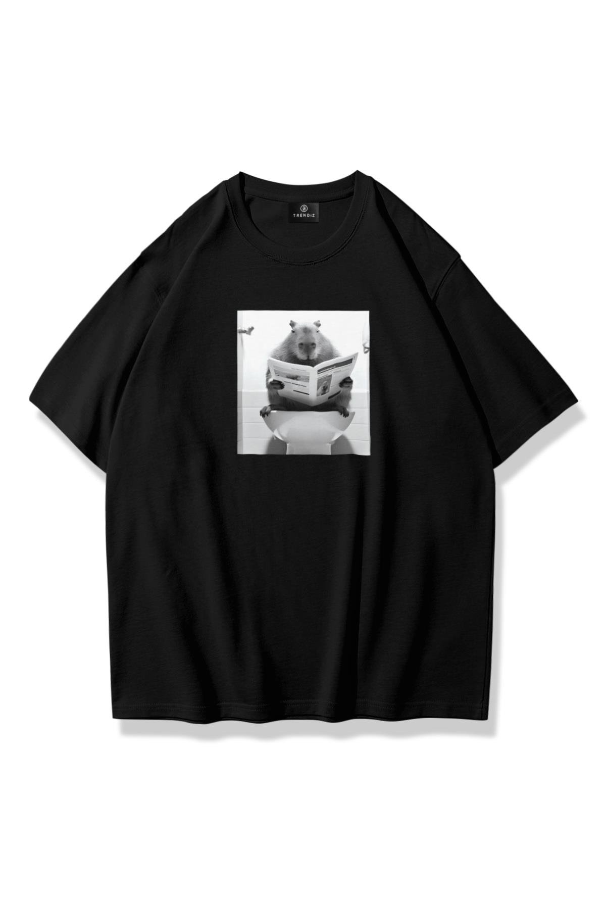 Unisex Hamster Gazete Tshirt Siyah