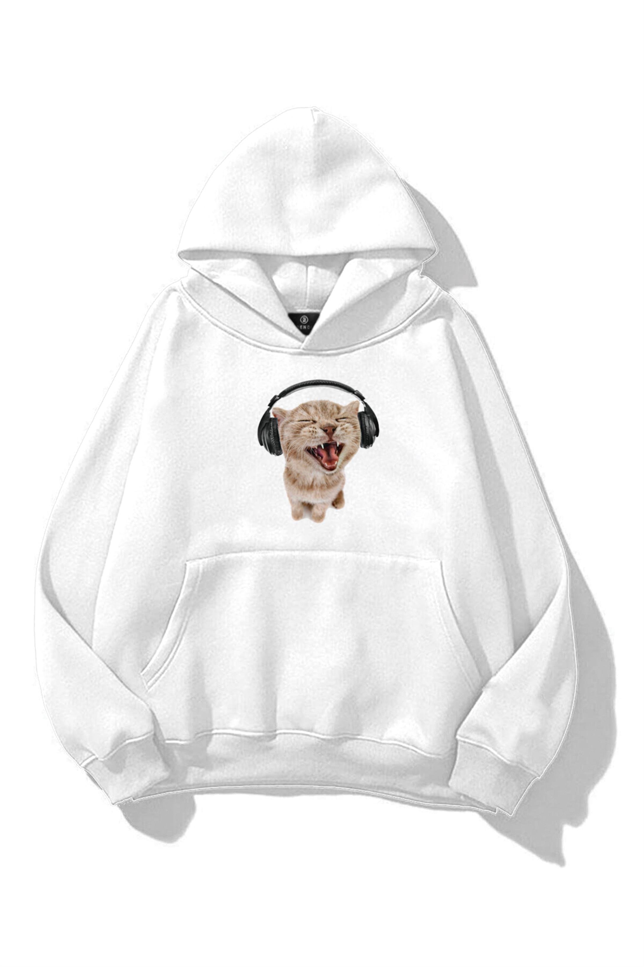 Unisex Kulaklıklı Kedi Sweatshirt Beyaz