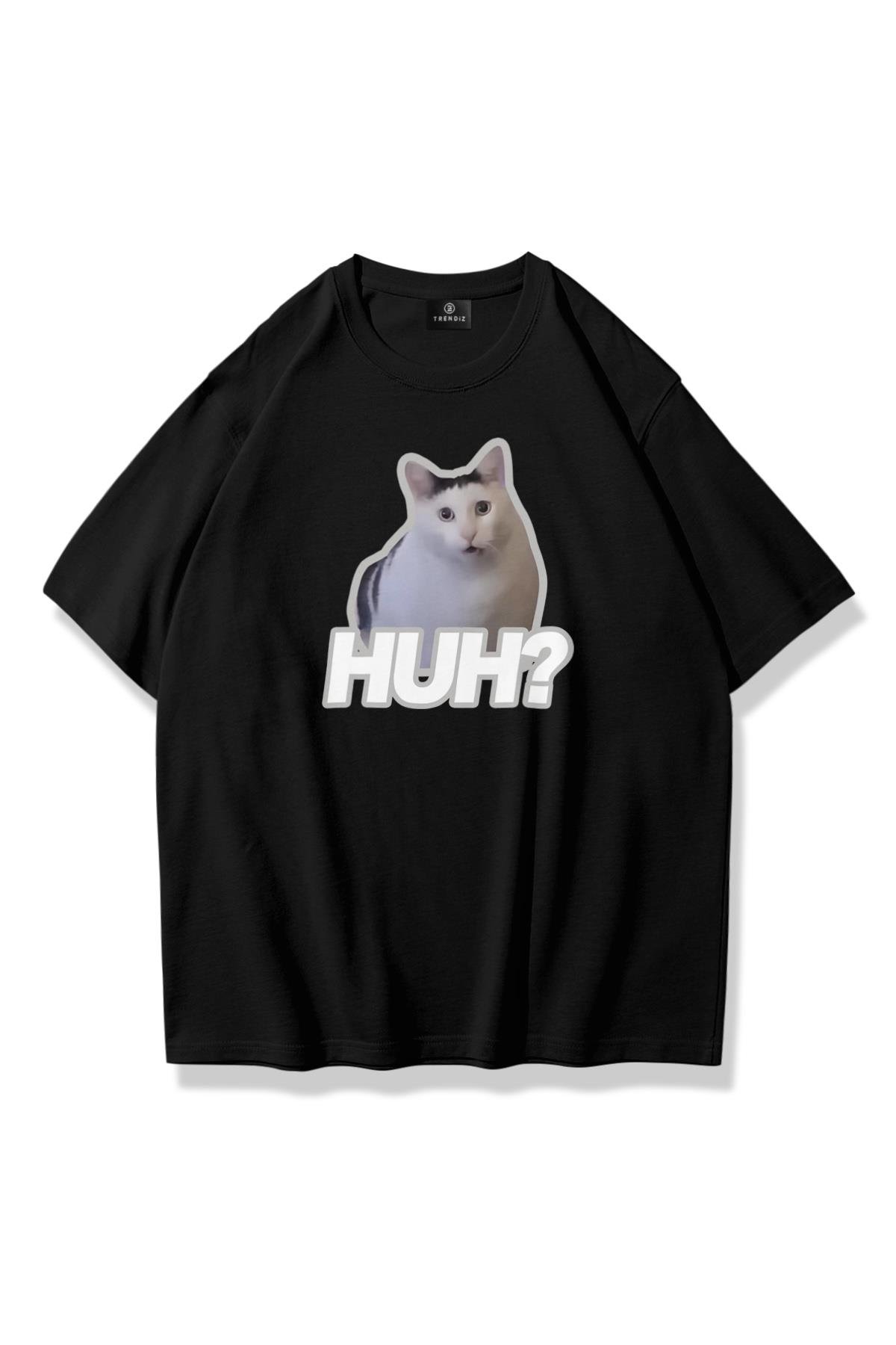 Unisex Huh? Cat Tshirt Siyah