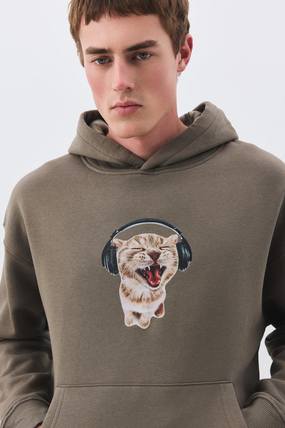 Unisex Kulaklıklı Kedi Sweatshirt Antrasit