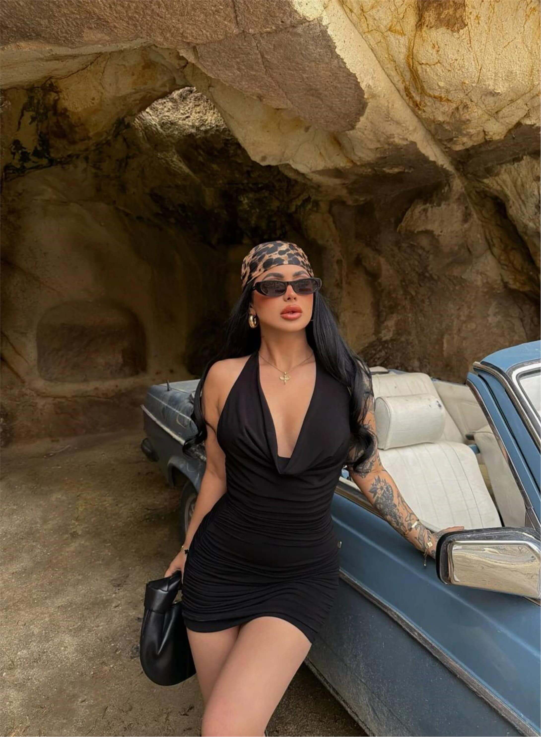 Kadın Darpeli Halter Yaka Mini Elbise Siyah