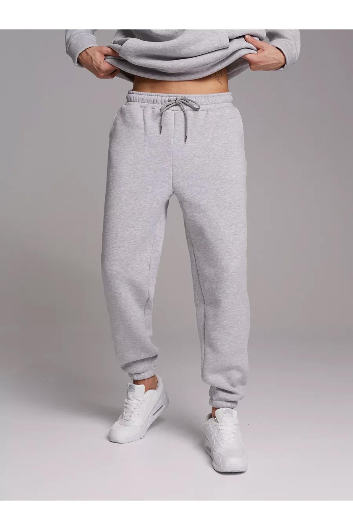 Unisex Paçası Lastikli Eşofman Altı Gri melanj 2041