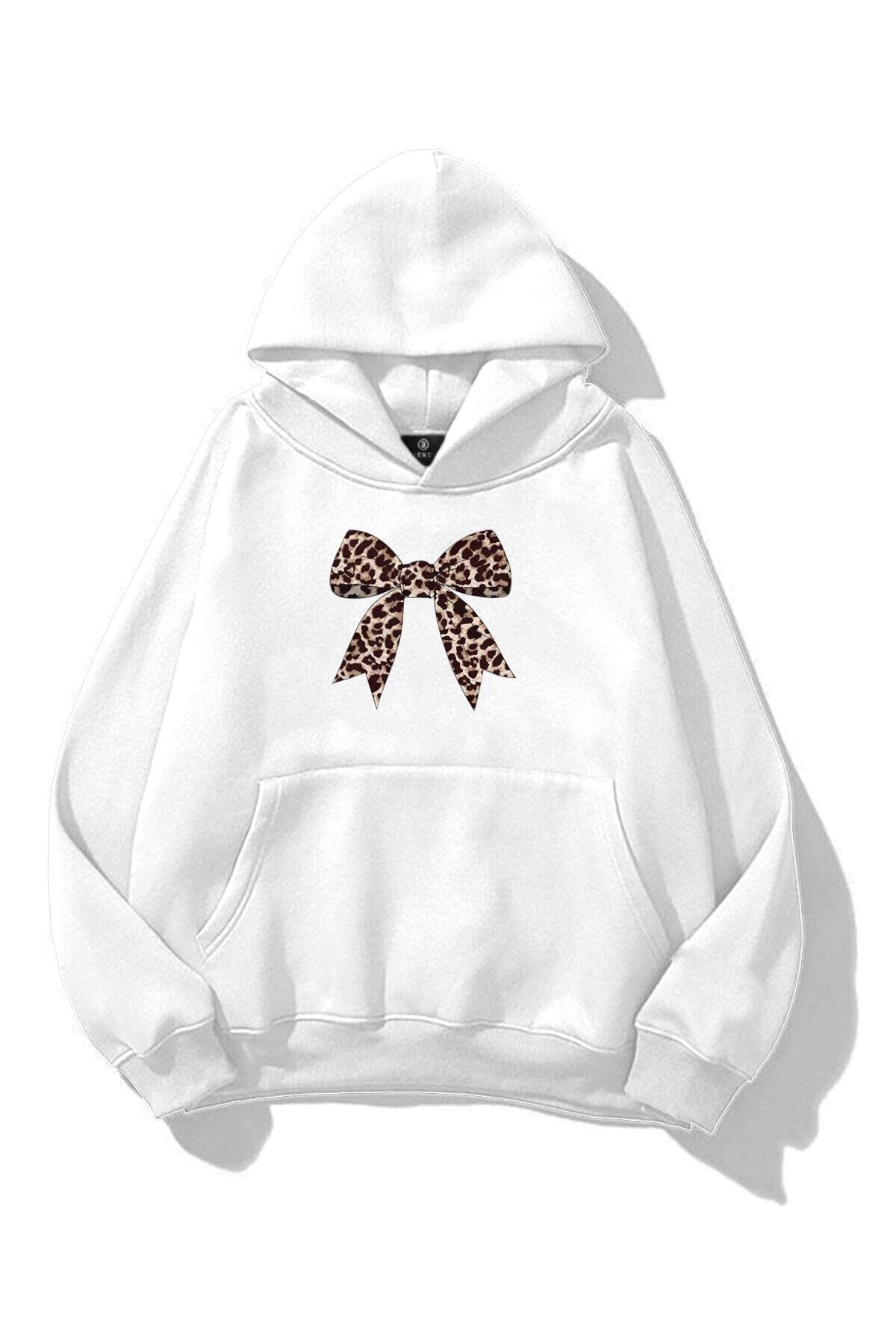 Kadın Leopar Kurdele Sweatshirt Beyaz