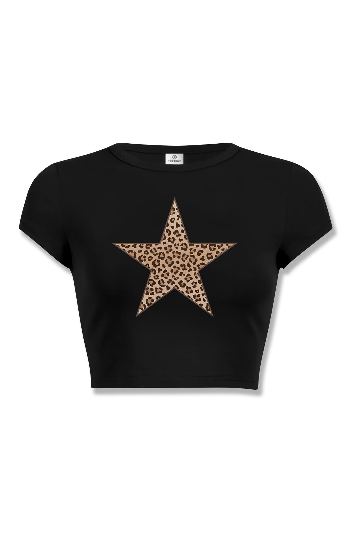 Kadın Leopar Yıldız Crop Siyah