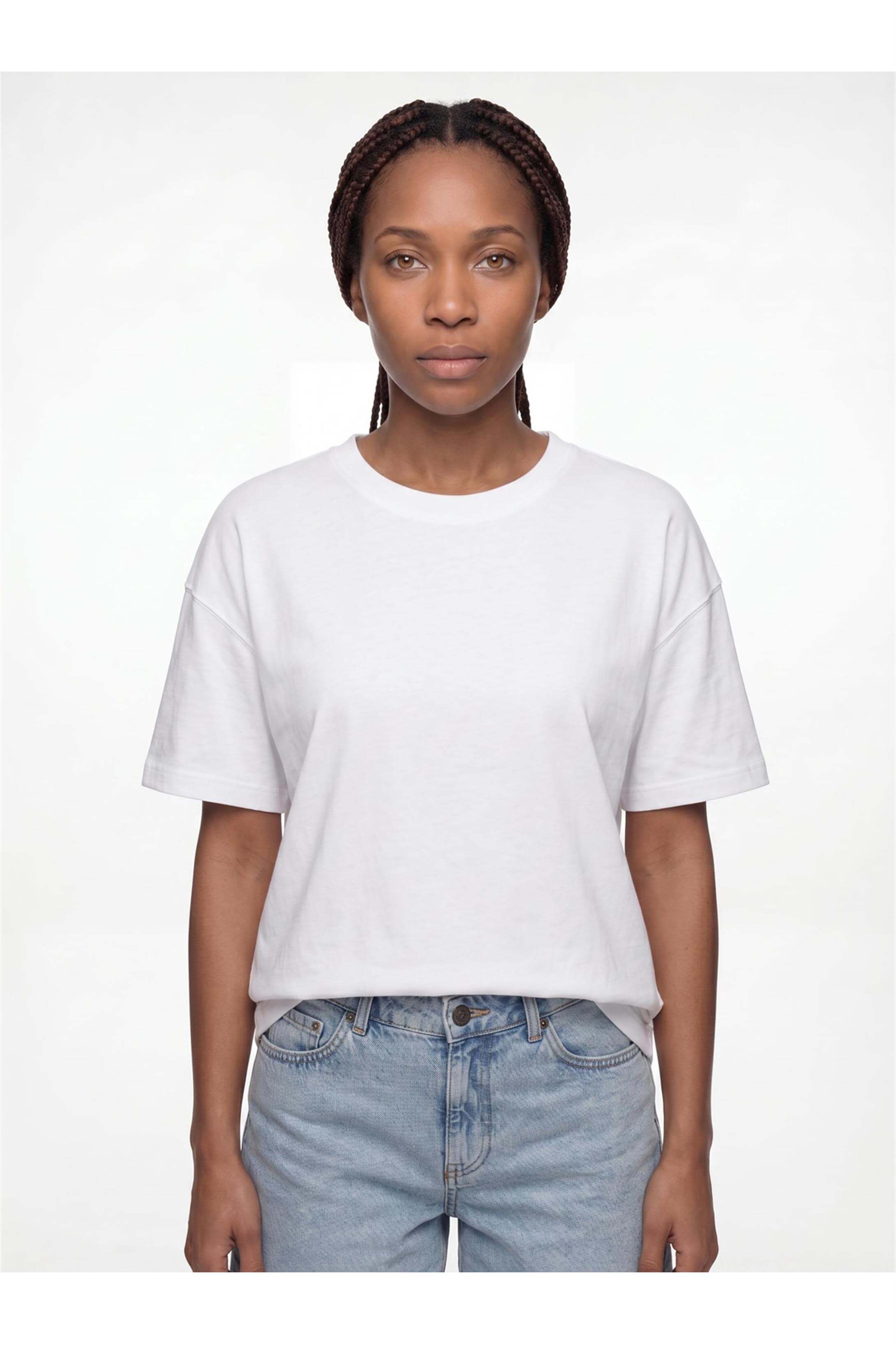 Kadın %100 Organik Pamuk Relaxed Fit Yuvarlak Yakalı Tshirt Beyaz 9016