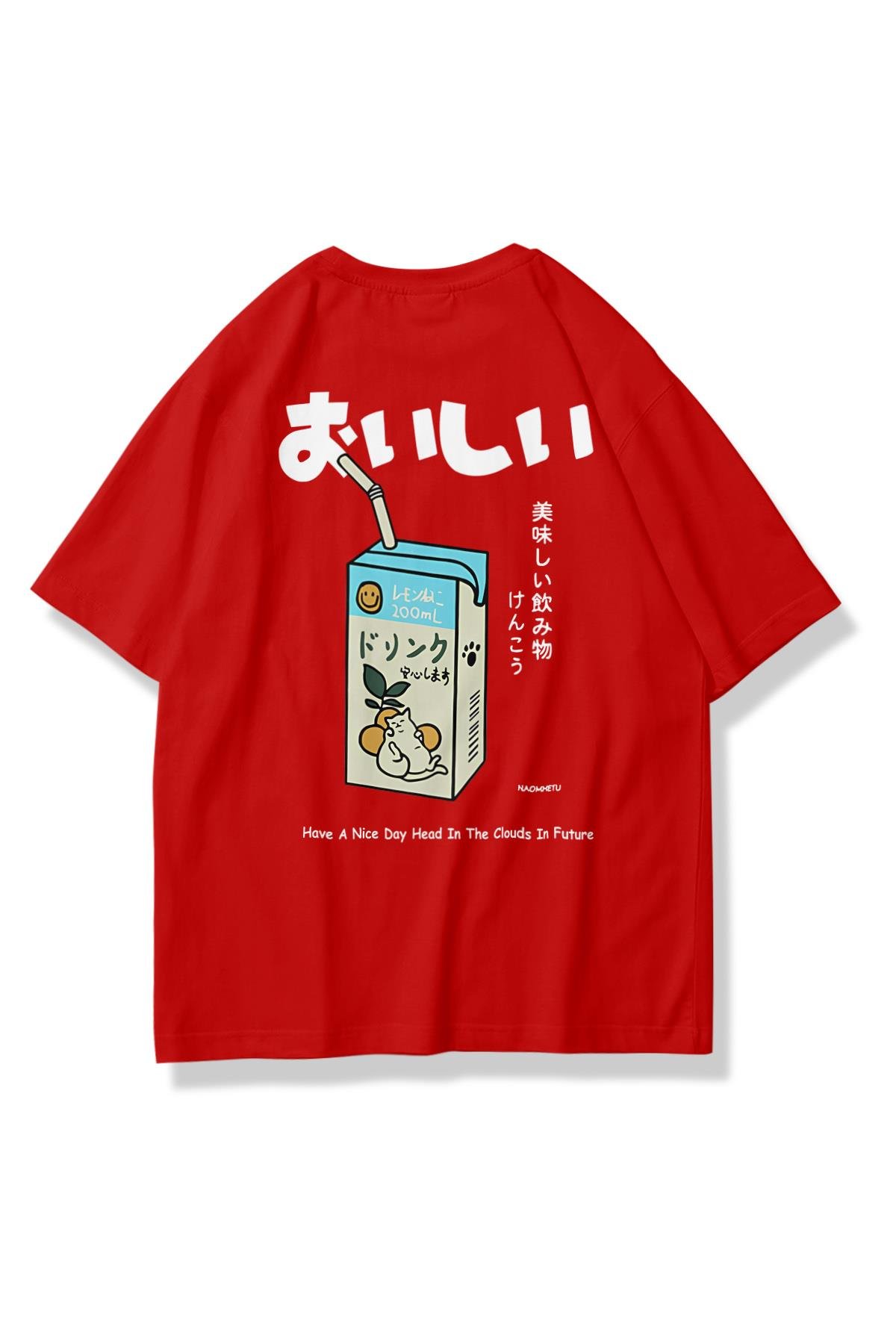 Unisex Cat Lemon Juice Tshirt Kırmızı