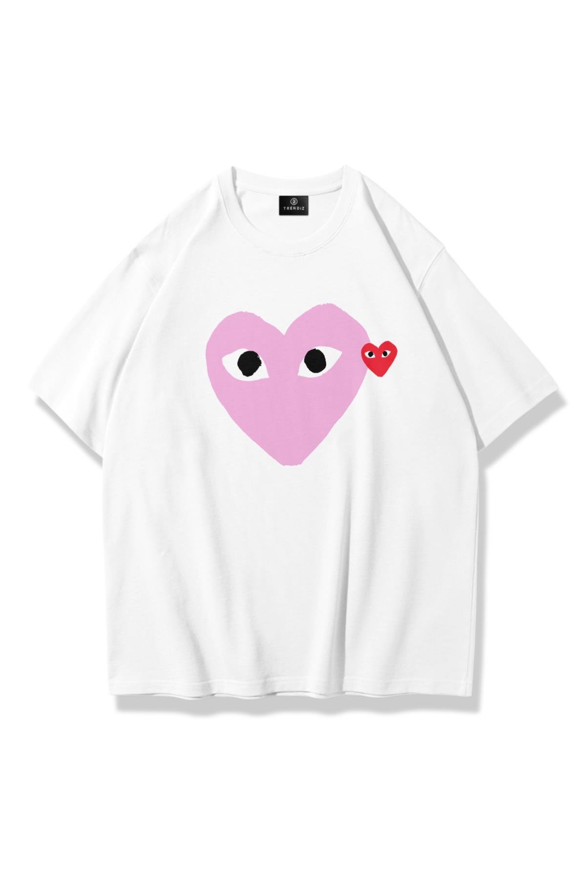 Unisex Pembe & Kırmızı Kalp Tshirt Beyaz