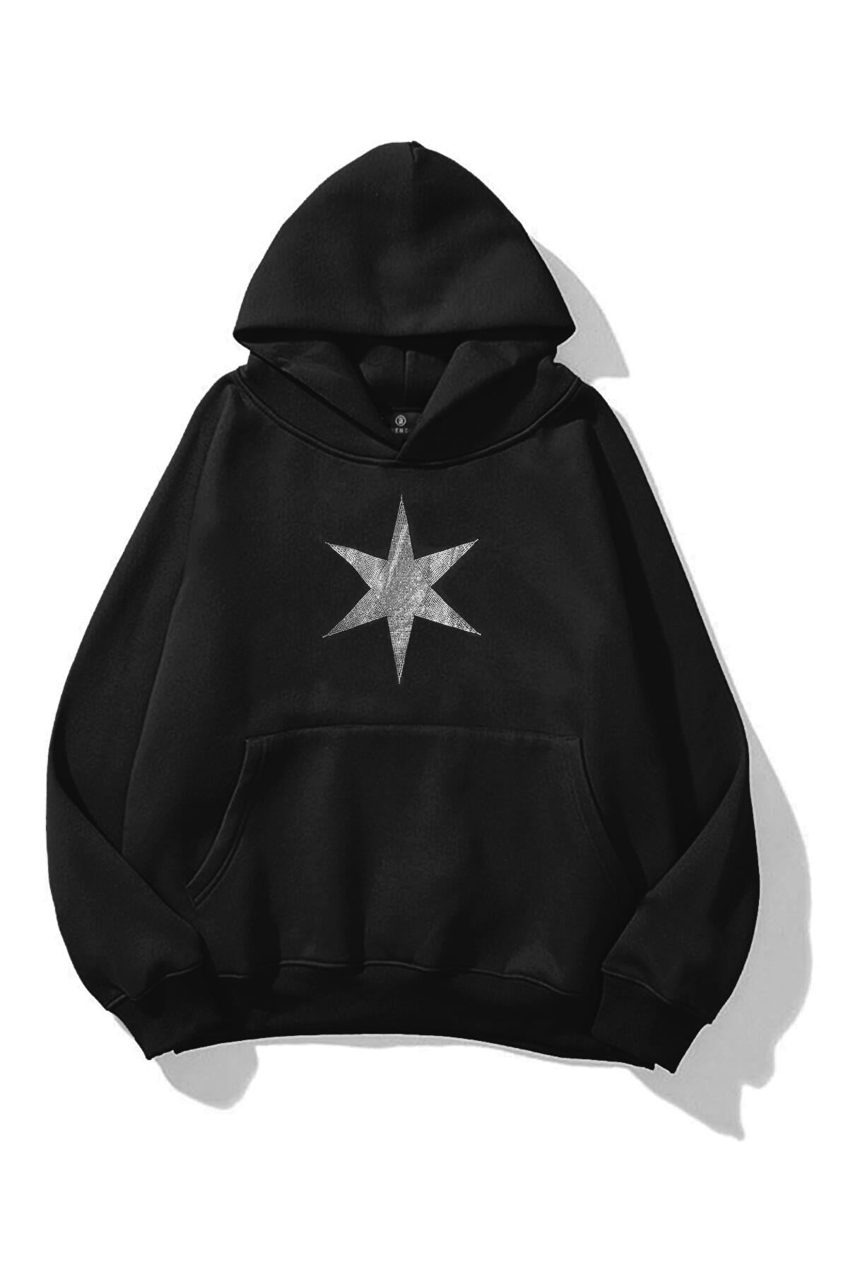 Unisex 6 Star Taş Baskılı Sweatshirt Siyah