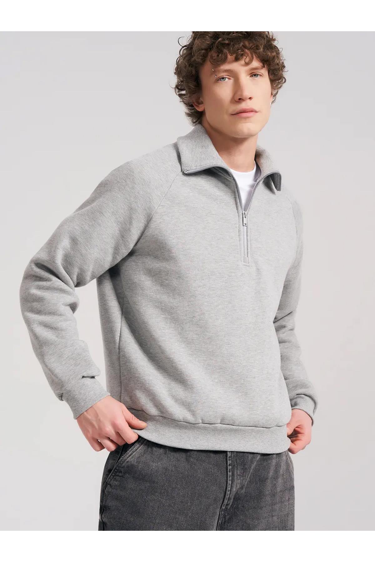 Unisex Relaxed Fit Yarım Fermuarlı Dik Yaka Sweatshirt Gri melanj 2052