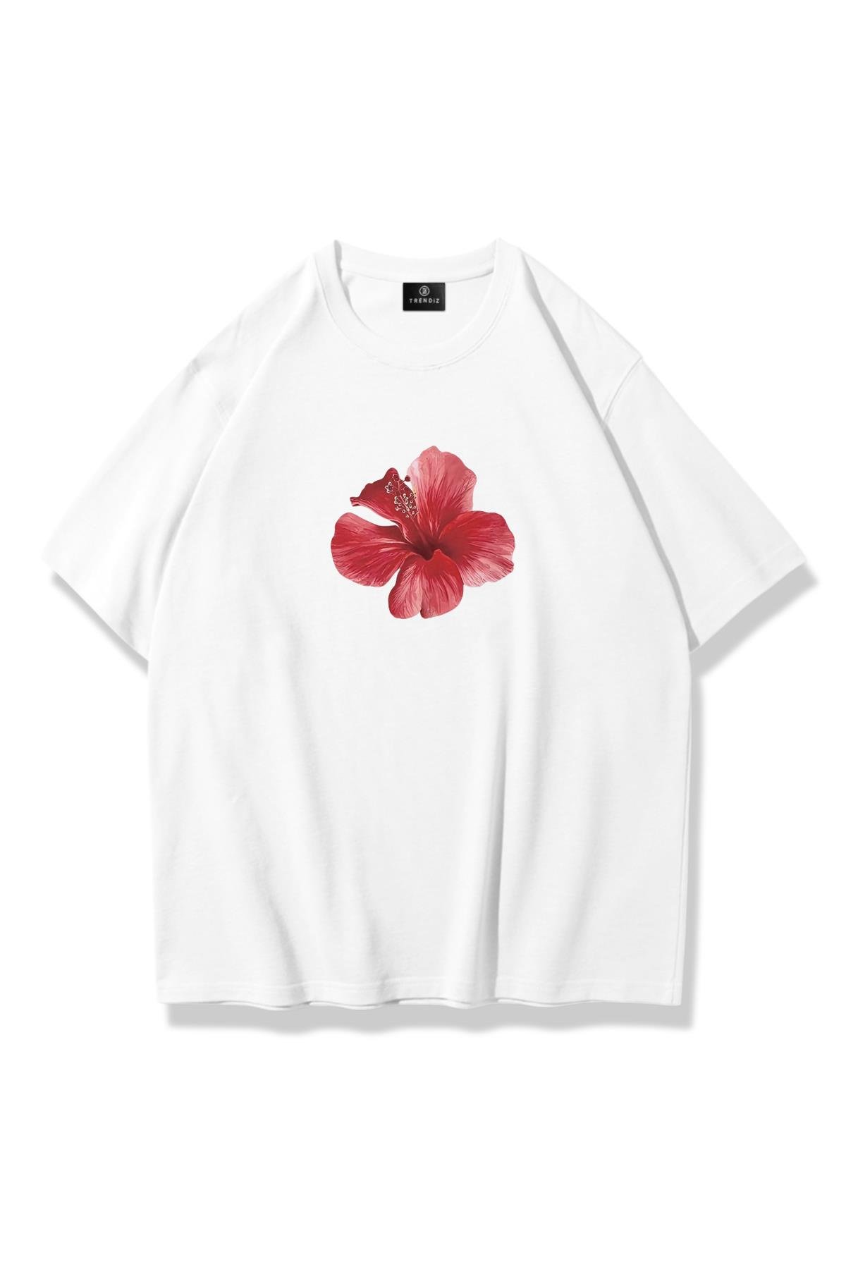 Kadın Red Hibiscus Tshirt Beyaz