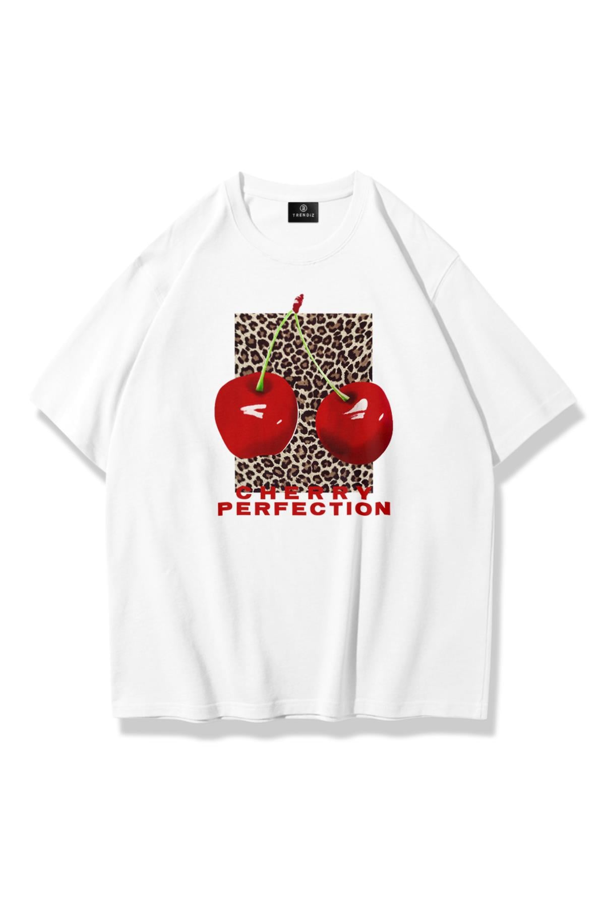 Kadın Cherry Perfection Leopar Tshirt Beyaz