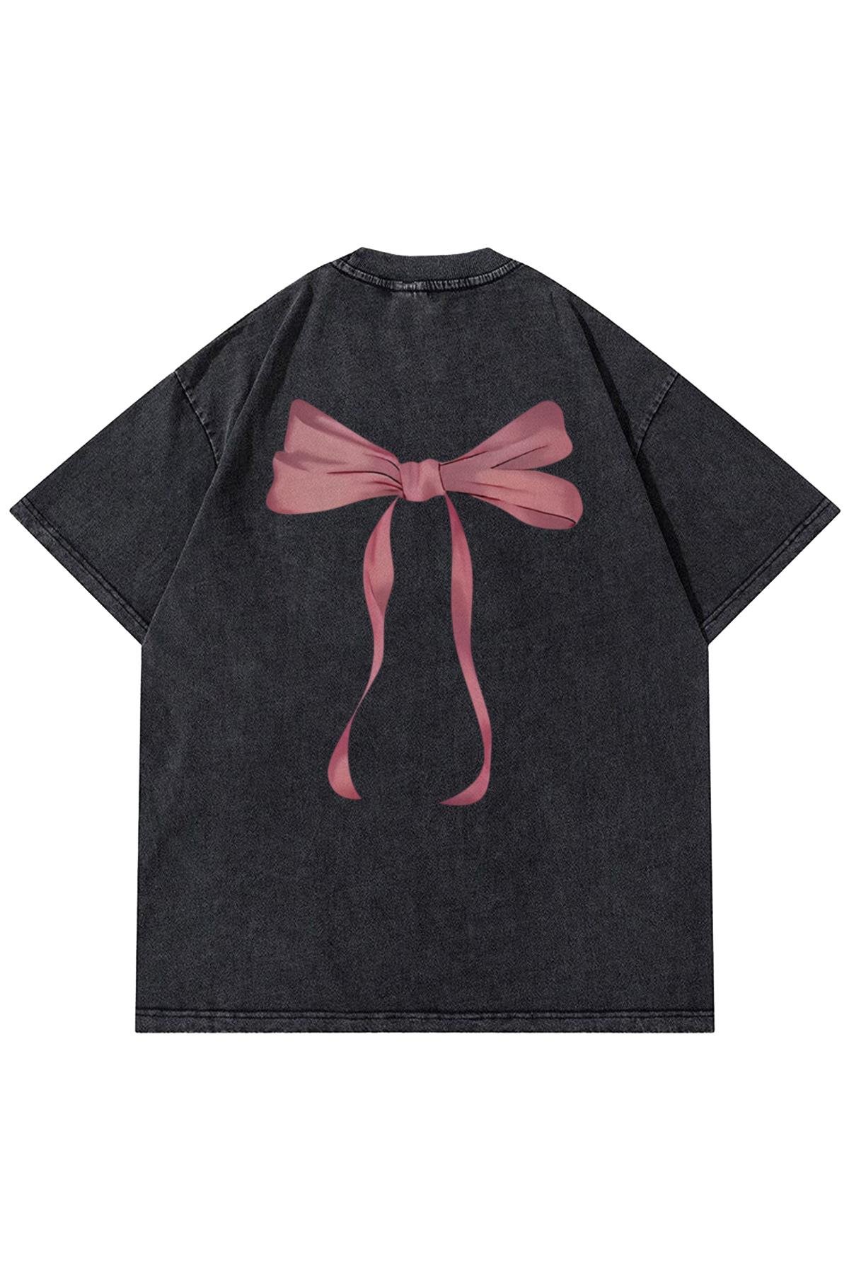 Unisex Fiyonk Kurdele Yıkamalı Tshirt Antrasit