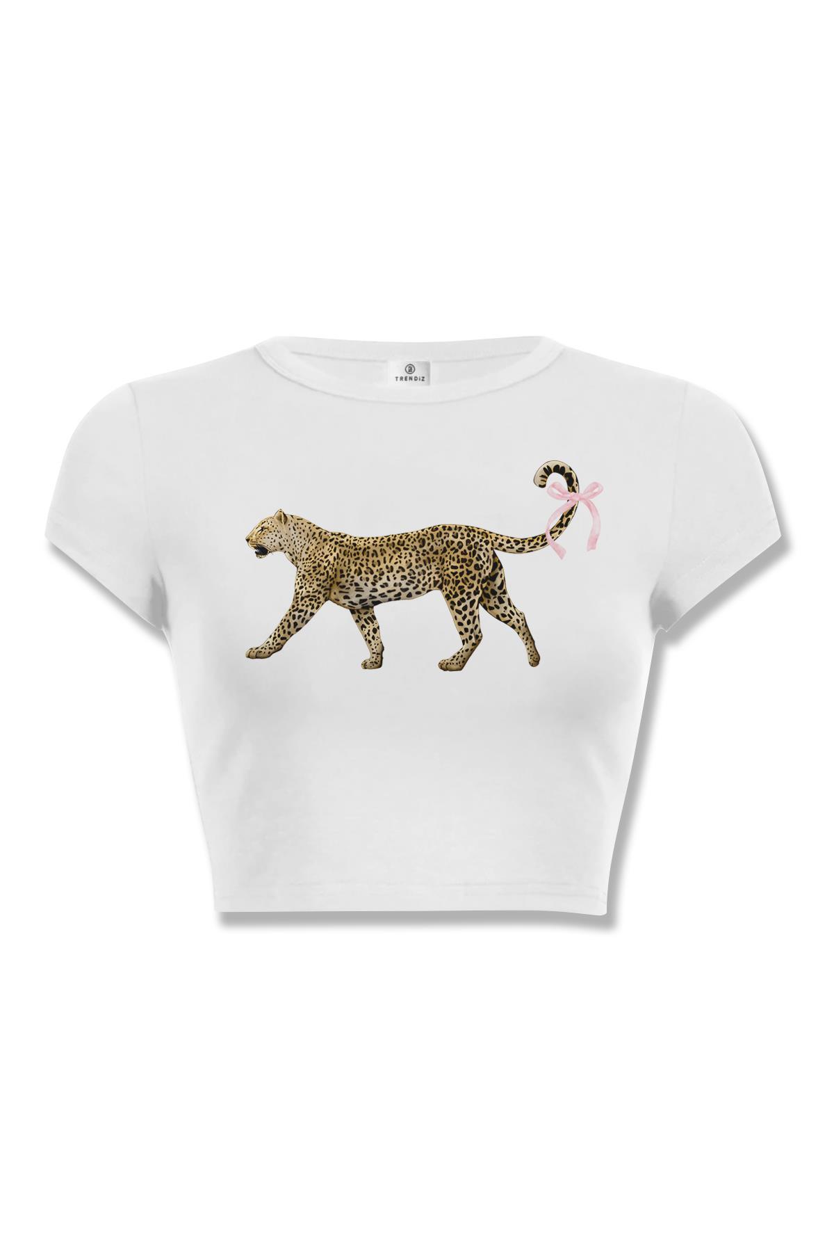 Kadın Leopar Kuyruk Kurdele Crop Beyaz