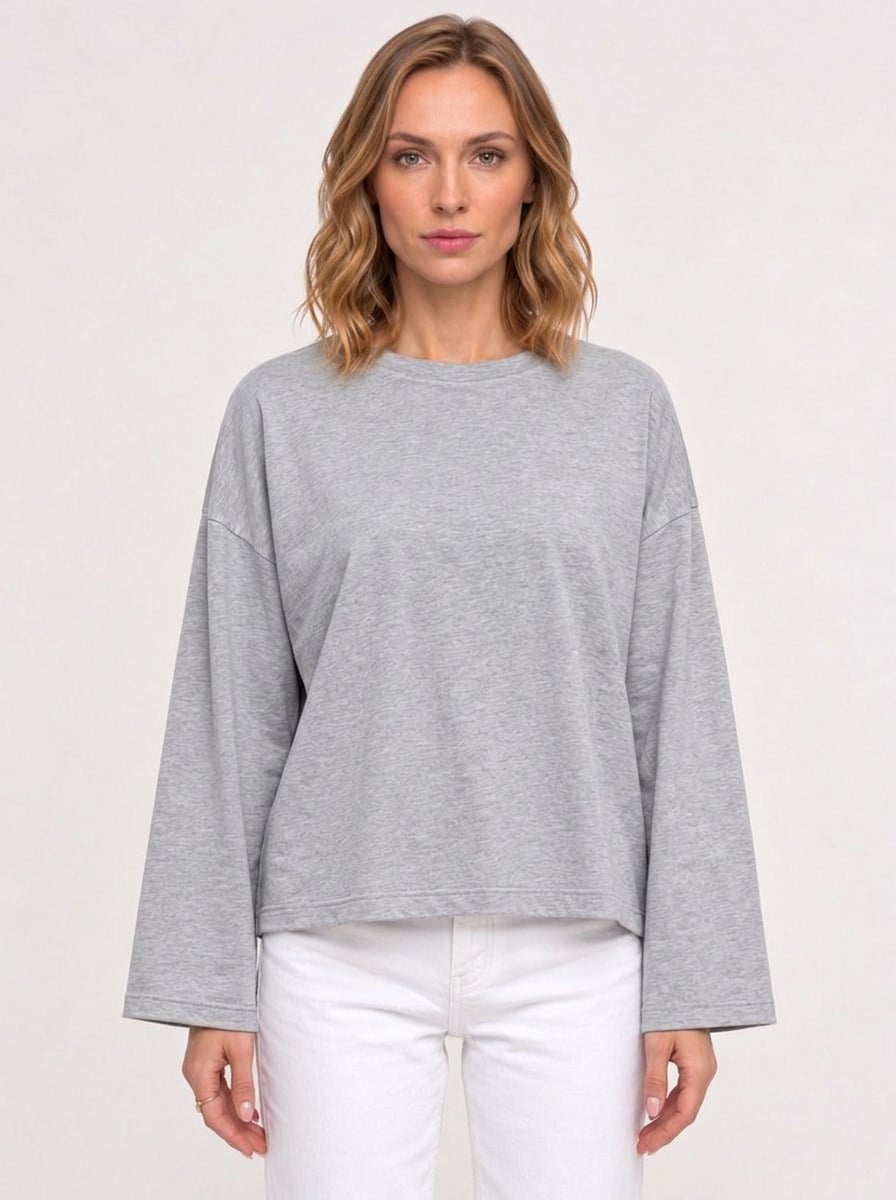 Kadın %100 Pamuk Bisiklet Yaka Uzun Kollu T-shirt Grimelanj