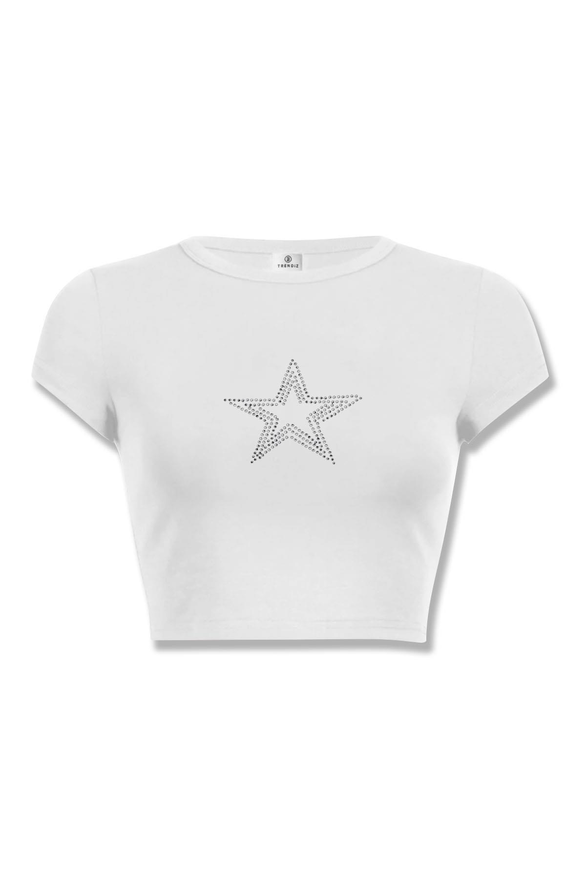 Kadın Star Stroke Taş Baskılı Crop Beyaz