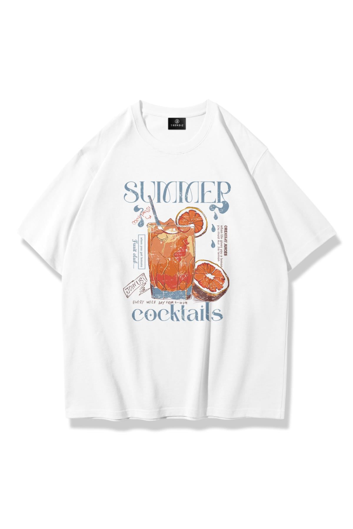 Unisex Summer Cocktails Tshirt Beyaz