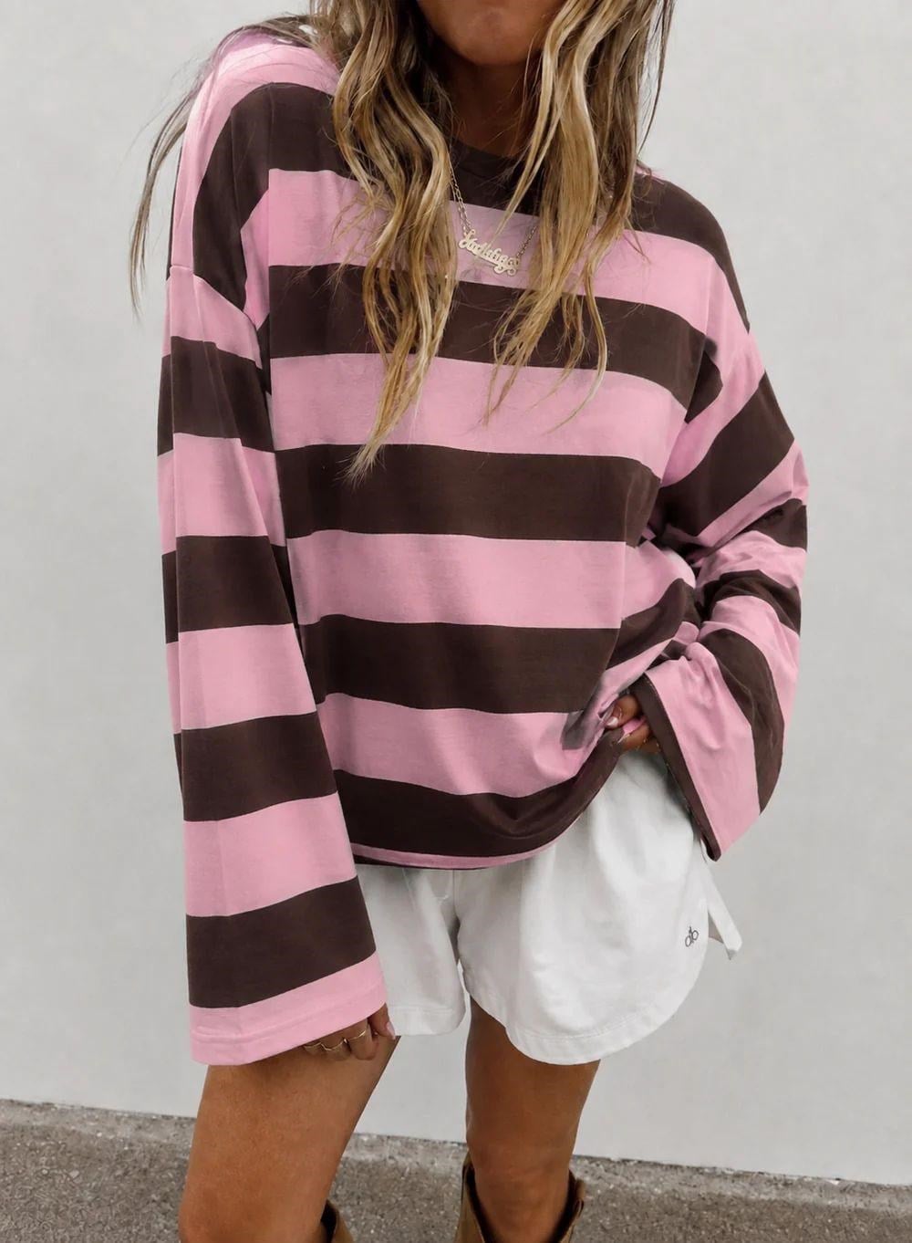 Kadın Kalın Çizgili Uzun Kollu Tshirt Kahverengi Pembe