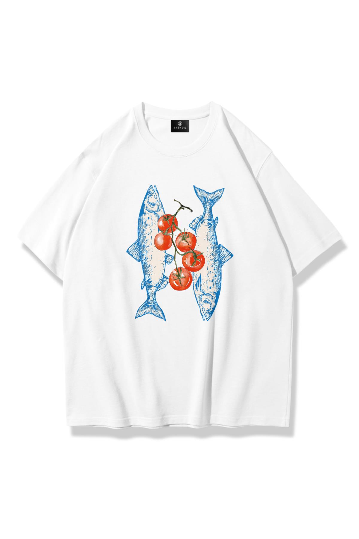 Unisex Fish and Tomatoes Tshirt Beyaz