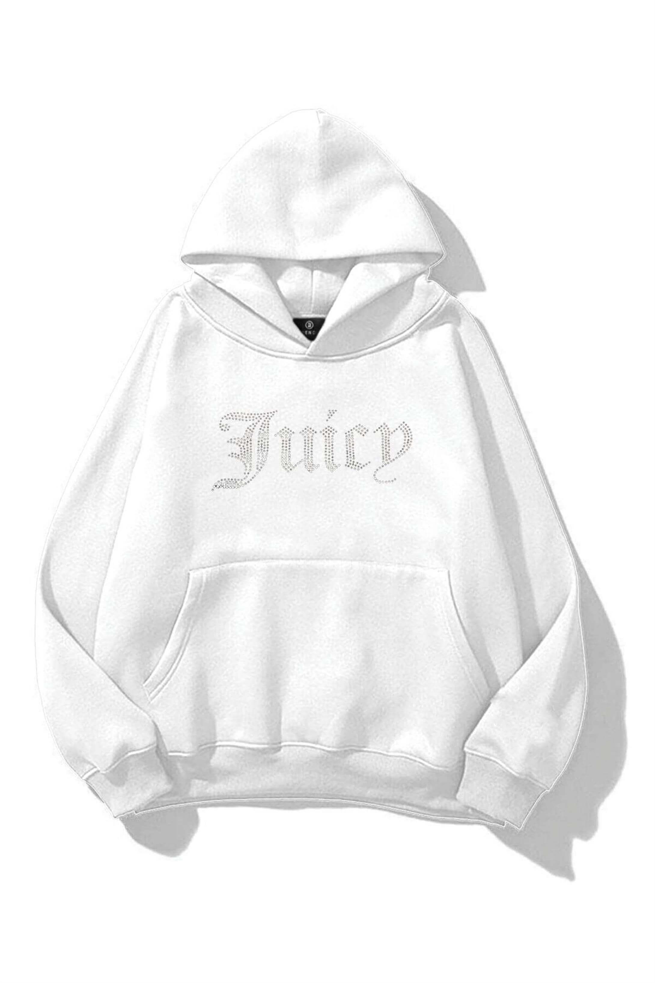 Unisex Juiciy Taş Baskılı Sweatshirt Beyaz
