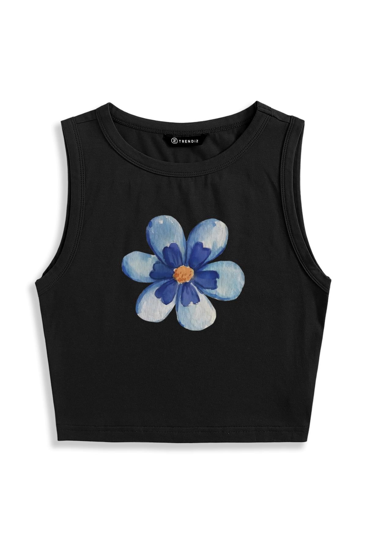 Kadın Blue Flower Askılı Crop Siyah