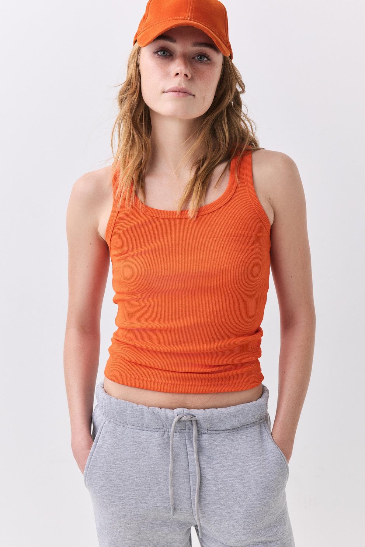 Kadın Fitilli Görünümlü Kalın Askılı Atlet Turuncu 9012