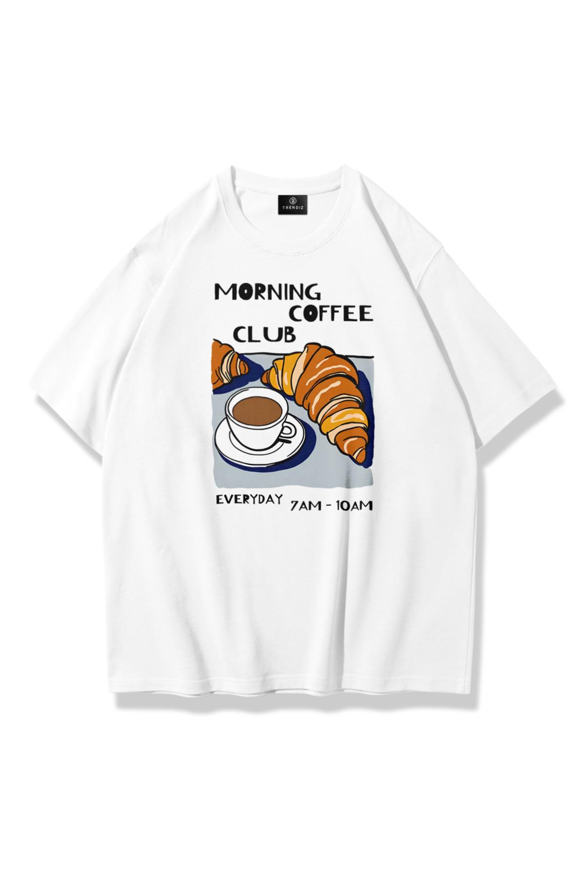 Unisex Morning Coffee Club Tshirt Beyaz