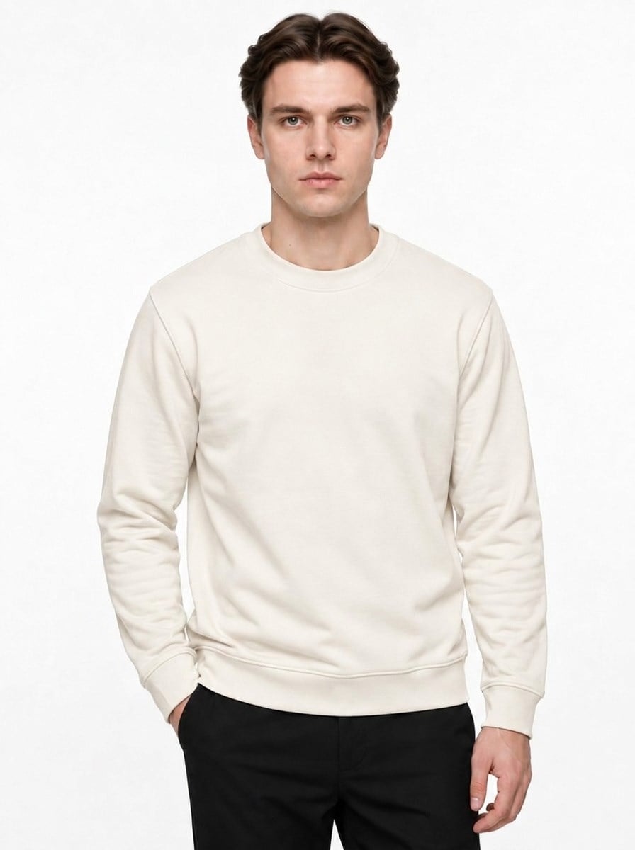 Erkek Standart Fit Normal Kesim 2 İplik Bisiklet Yaka Sweatshirt Ekru