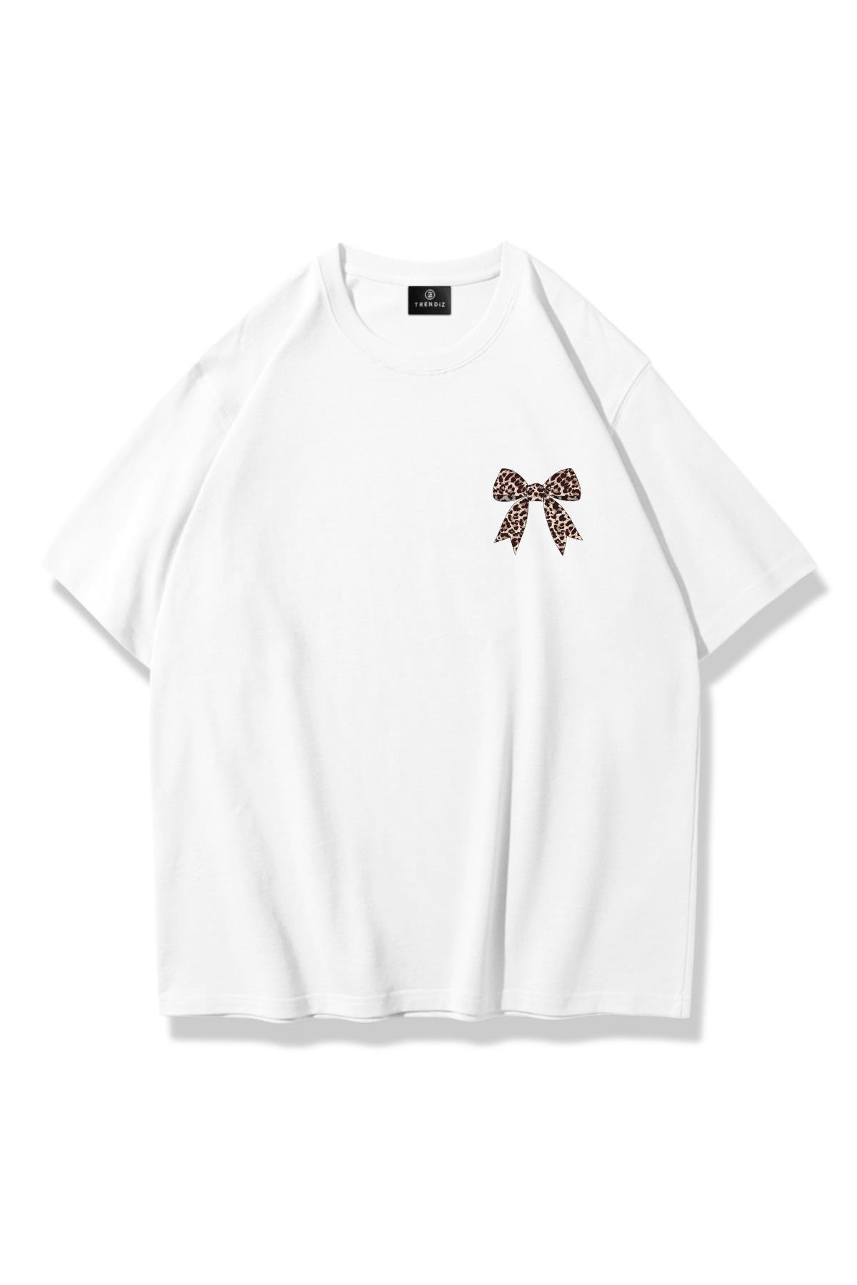 Kadın Leopar Kurdele Göğüs Tshirt Beyaz
