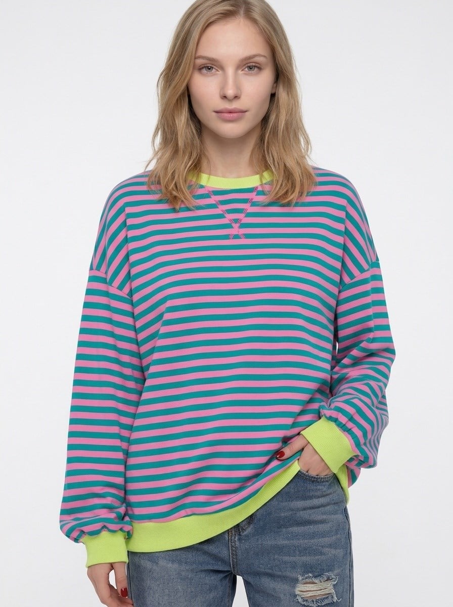 Kadın Çizgili Ribanalı Oversize Sweatshirt Turkuaz Pembe