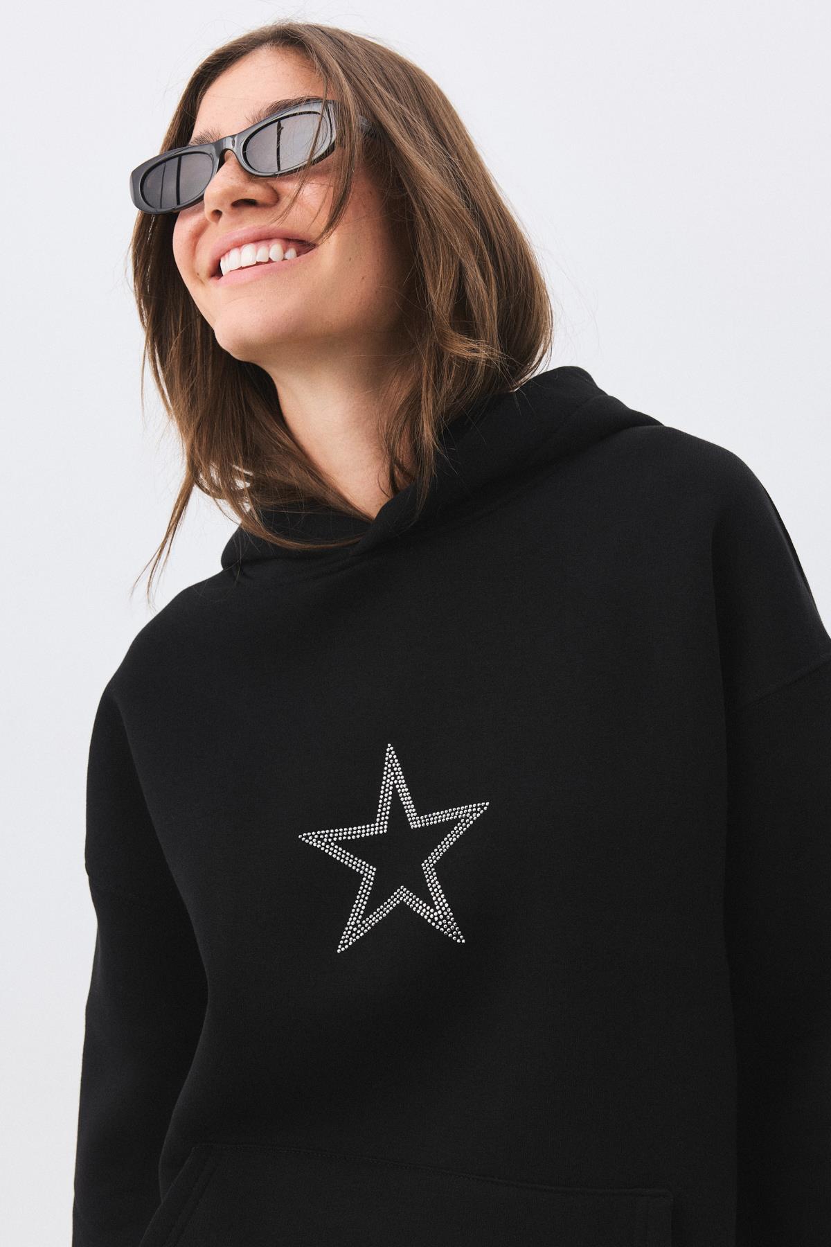 Unisex Star Stroke Taş Baskılı Sweatshirt Siyah