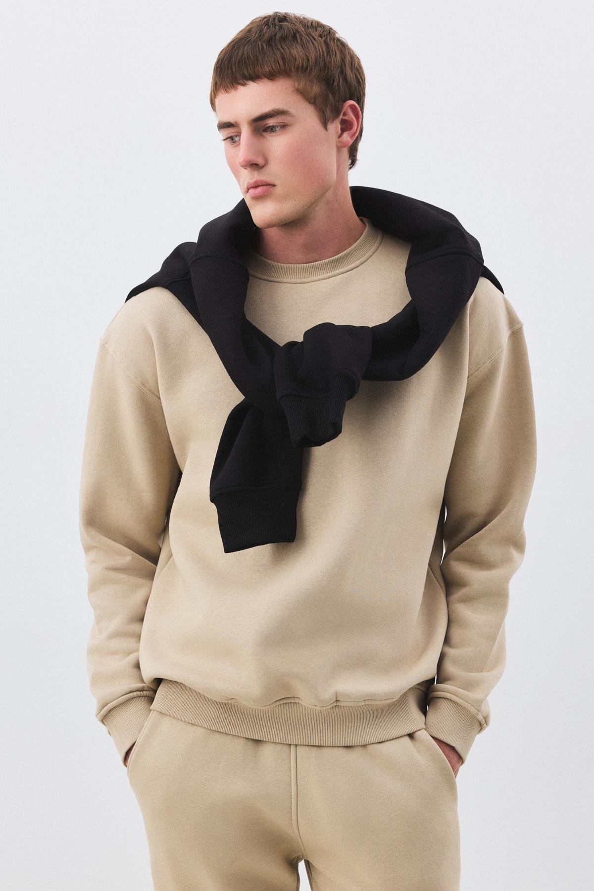 Erkek Premium Bisiklet Yaka Sweatshirt Taş 2031