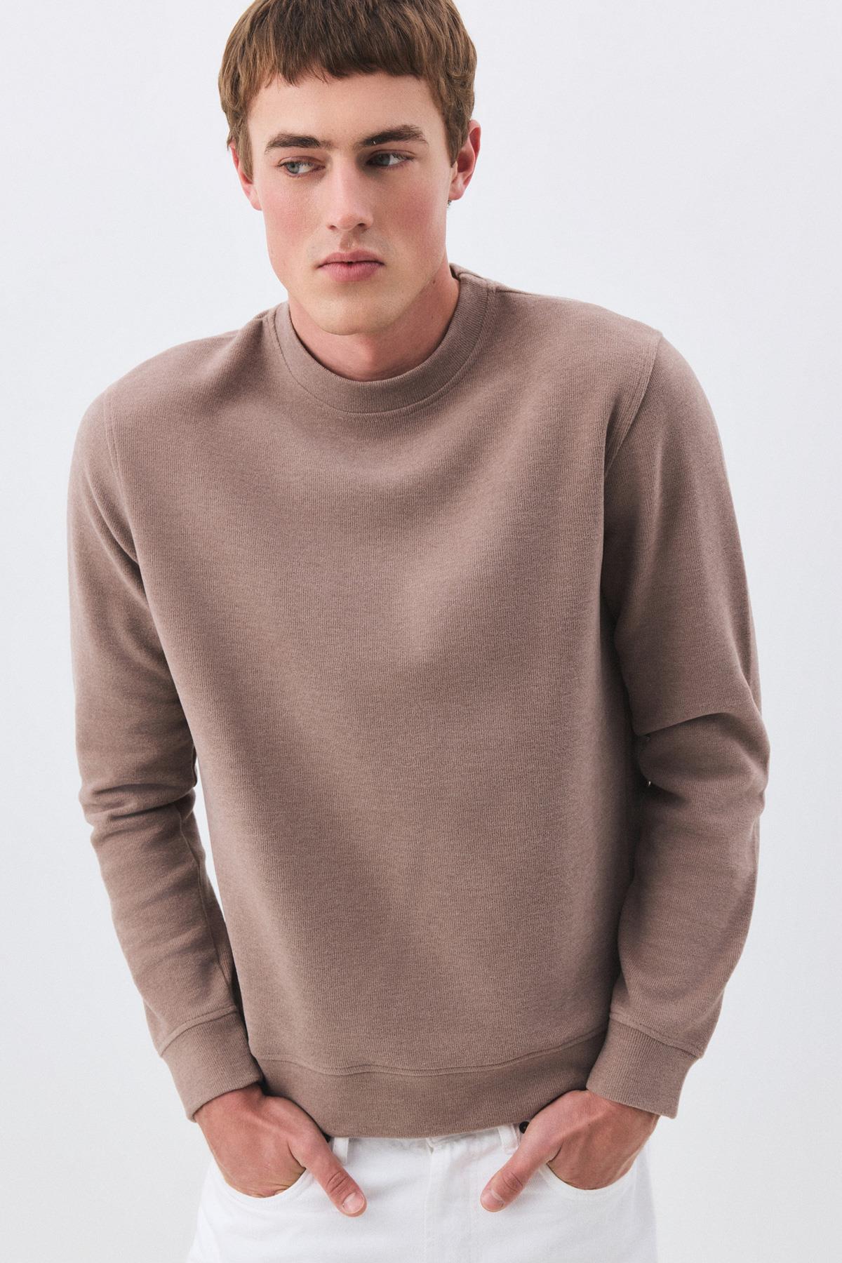 Erkek Slim Fit Pamuklu Selanik Kumaş Bisiklet Yaka Sweatshirt Camel