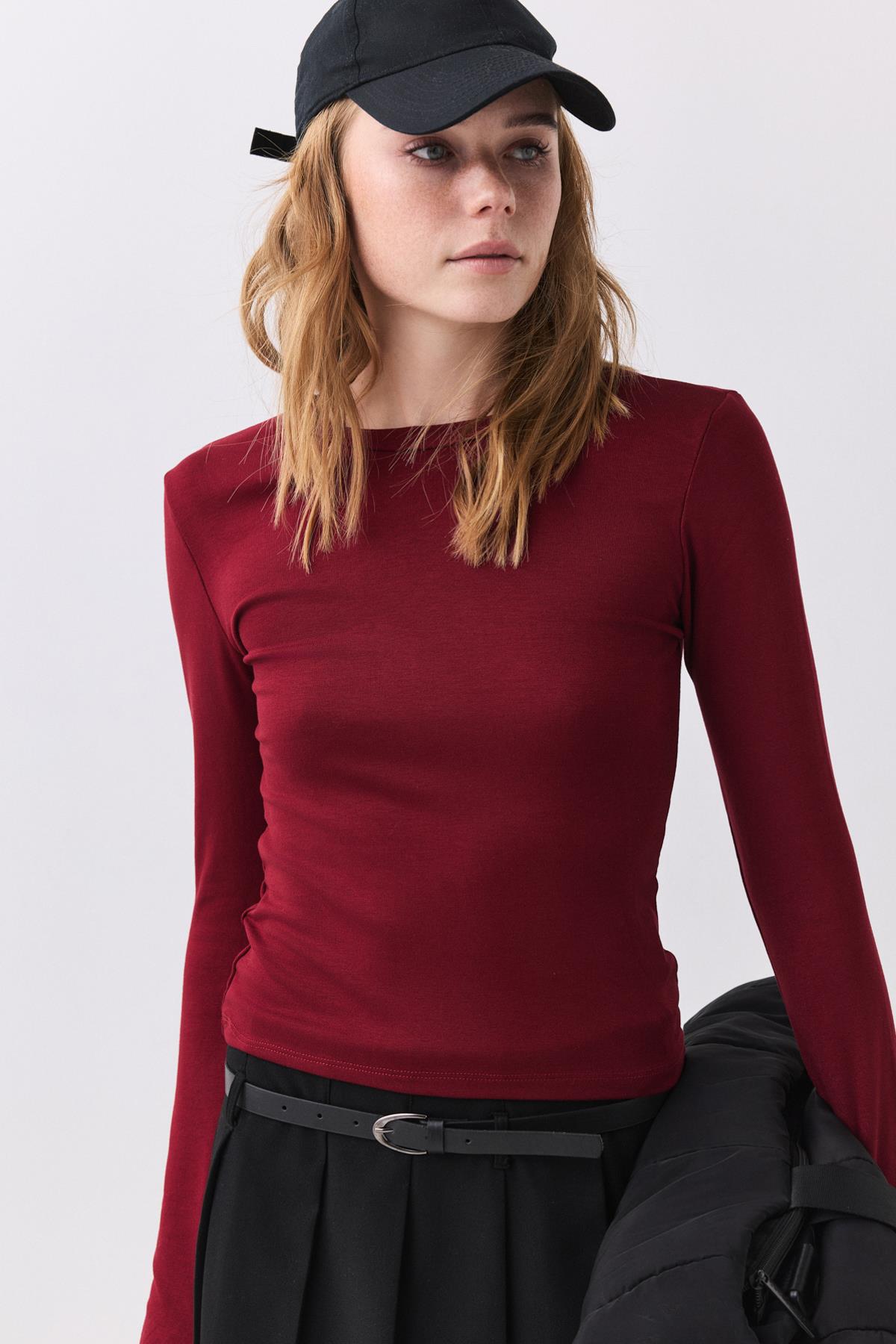 Kadın Bisiklet Yaka Uzun Kollu Body Bordo 8011