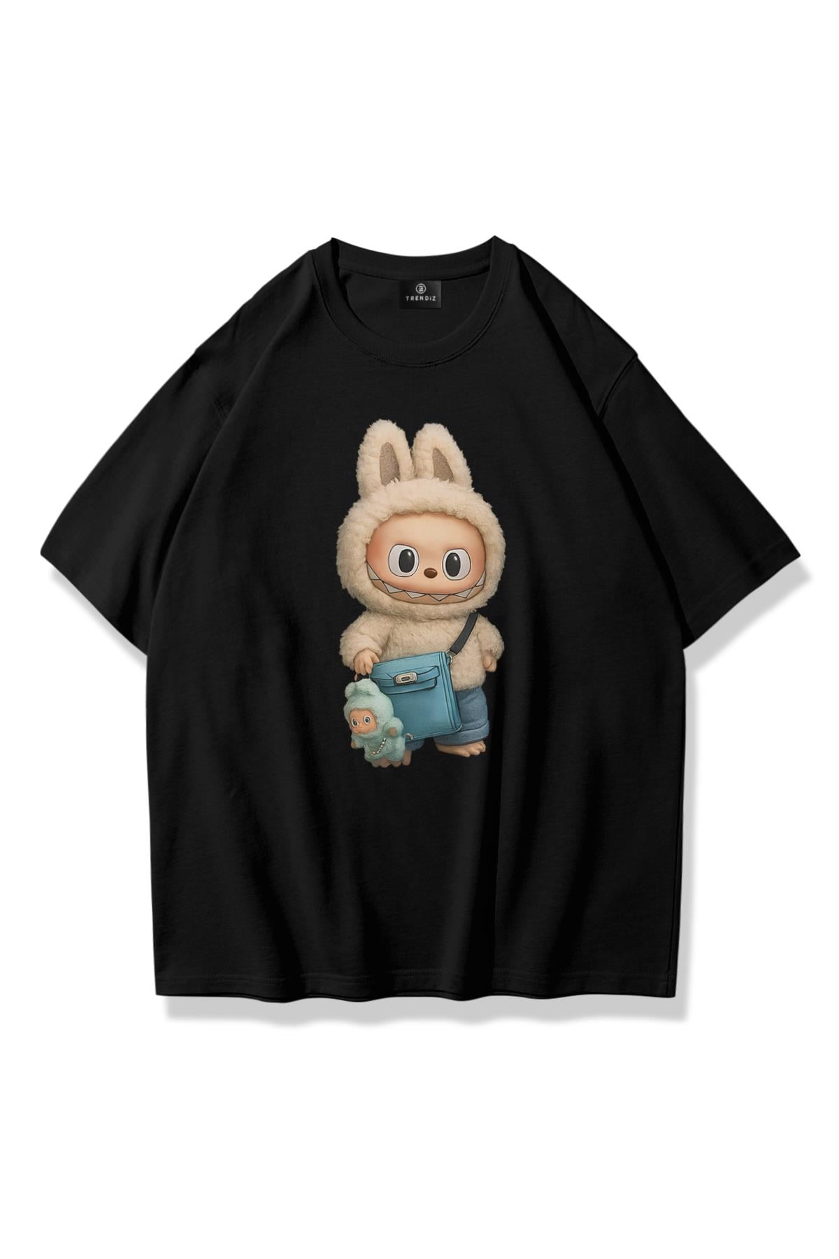 Kadın Labubu Mavi Çanta Tshirt Siyah