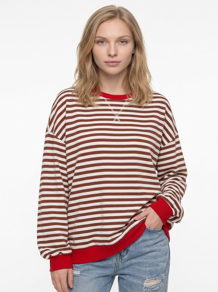 Kadın Çizgili Ribanalı Oversize Sweatshirt Kahverengi Beyaz