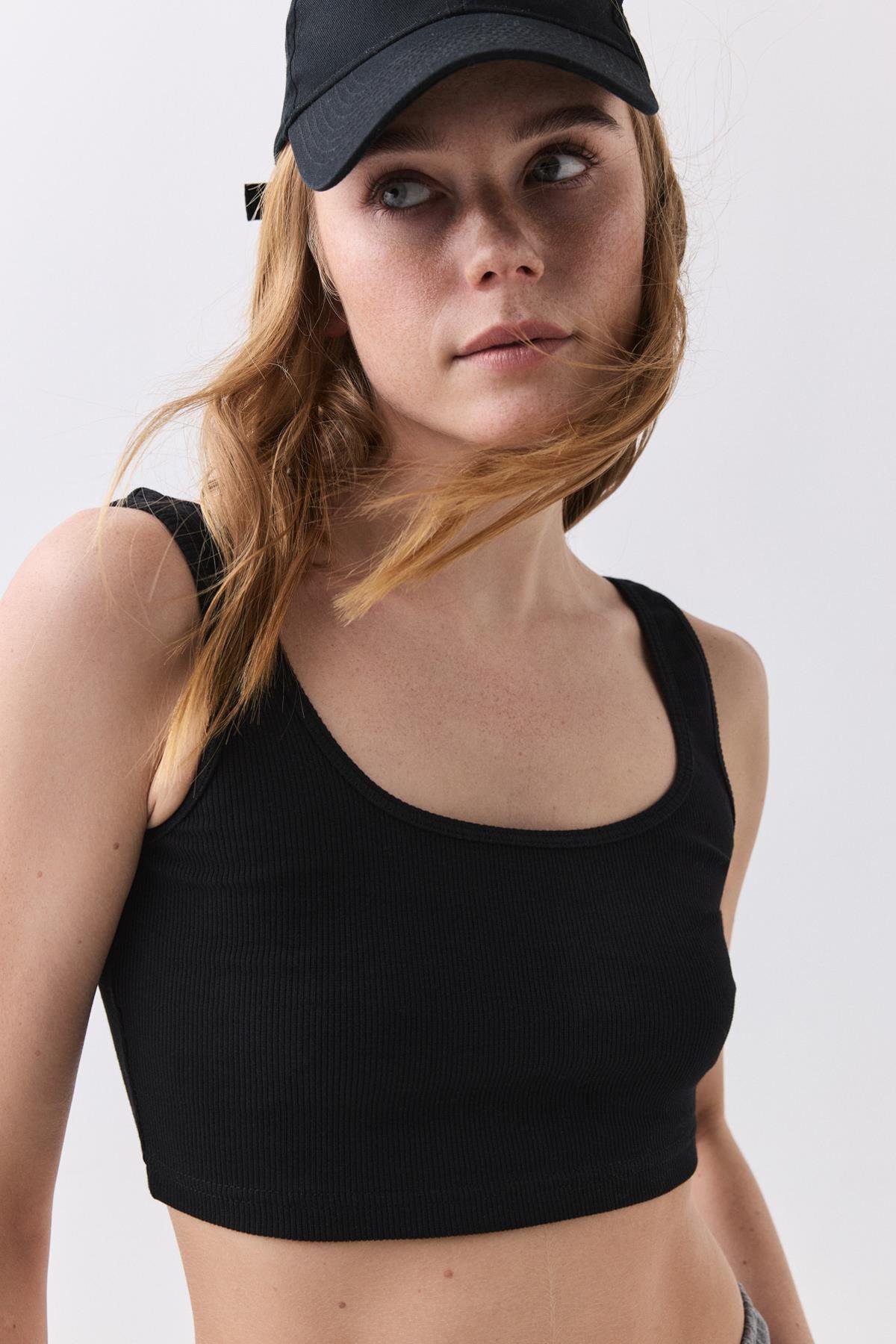 Kadın Askılı Kısa Crop Top Atlet Siyah 9015