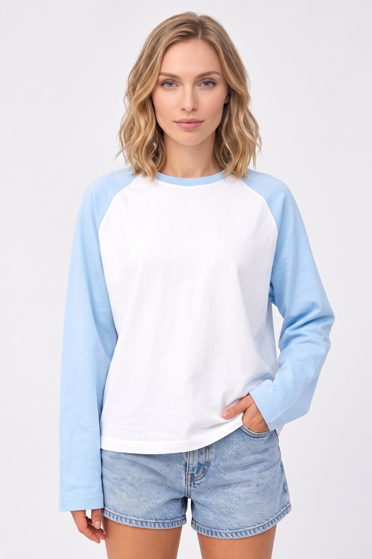 Kadın Reglan Kol Uzun Kollu Interlok T-Shirt Mavi Beyaz