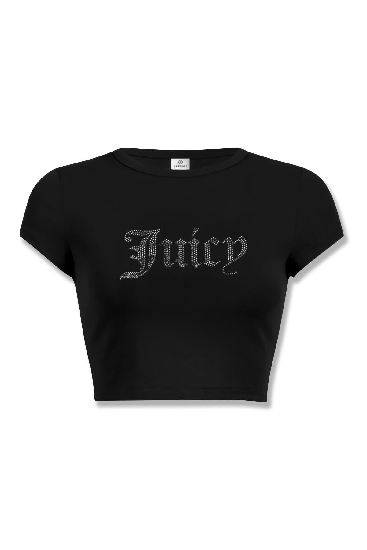 Kadın Juicy Taş Baskılı Crop Siyah