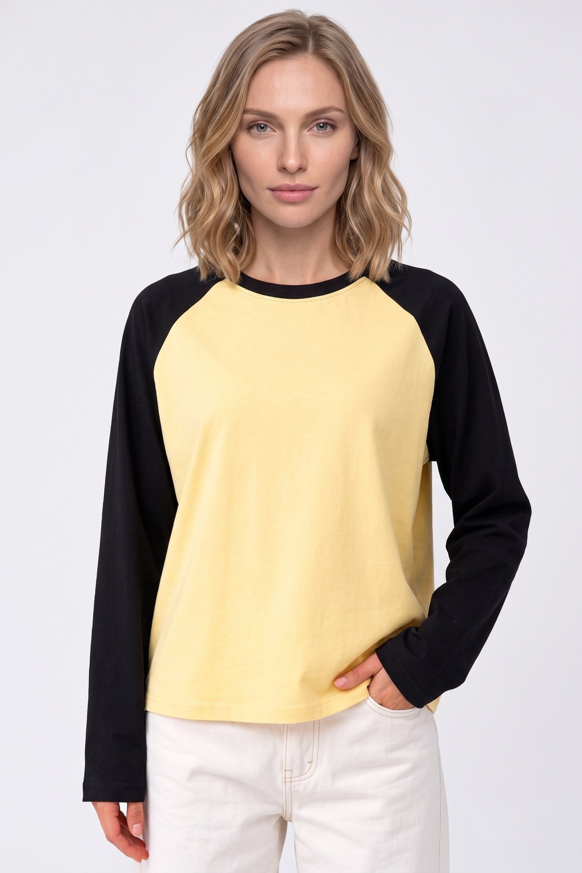 Kadın Reglan Kol Uzun Kollu Interlok T-Shirt Sarı Siyah 