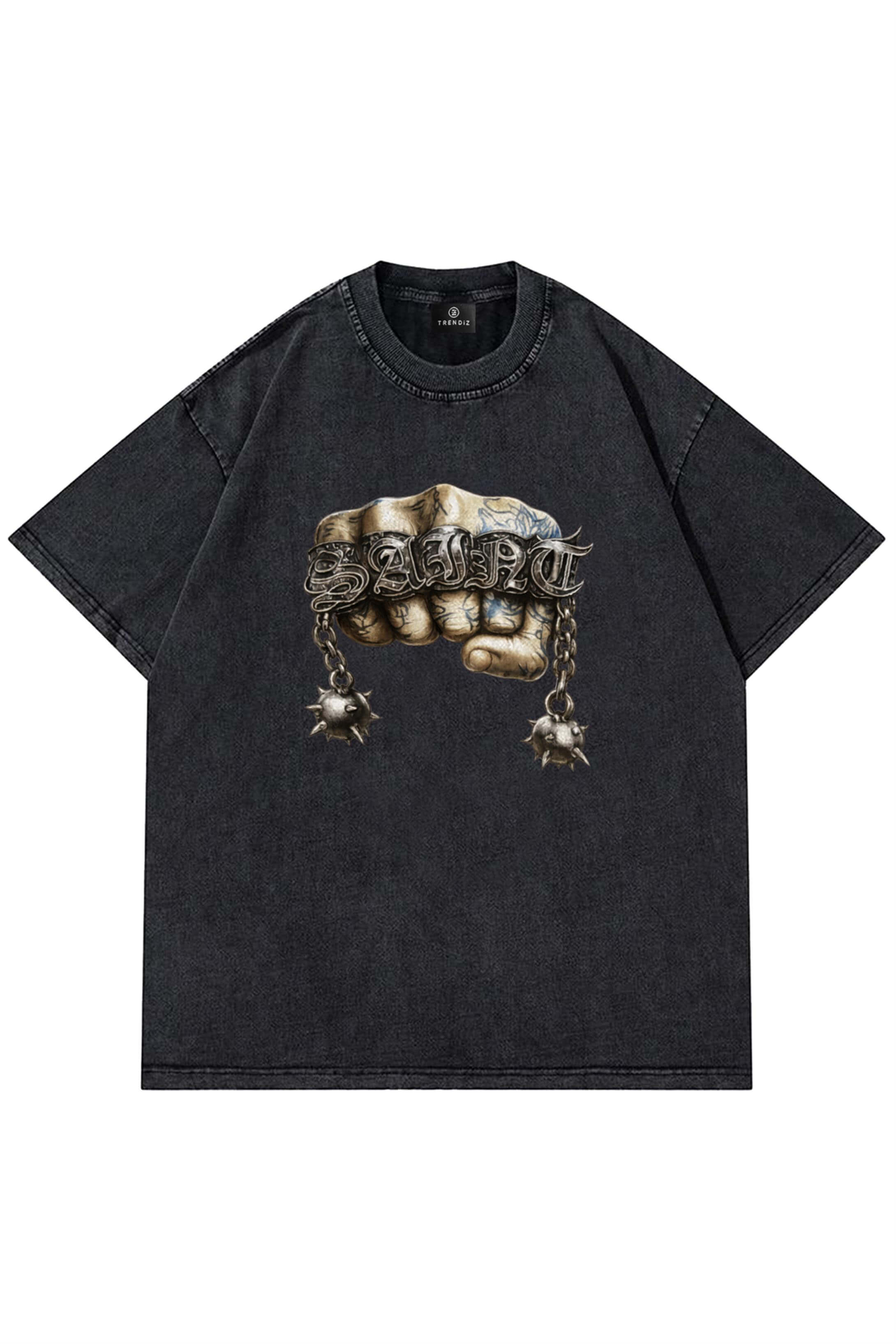 Unisex Saint Ring Yıkamalı Tshirt Antrasit