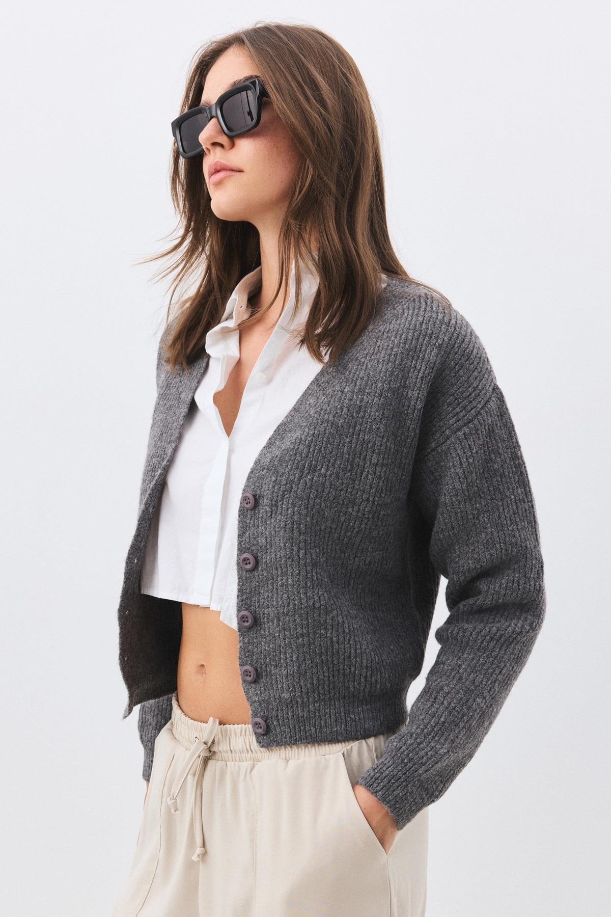 Kadın V Yaka Selanik Hırka Antrasit 6943