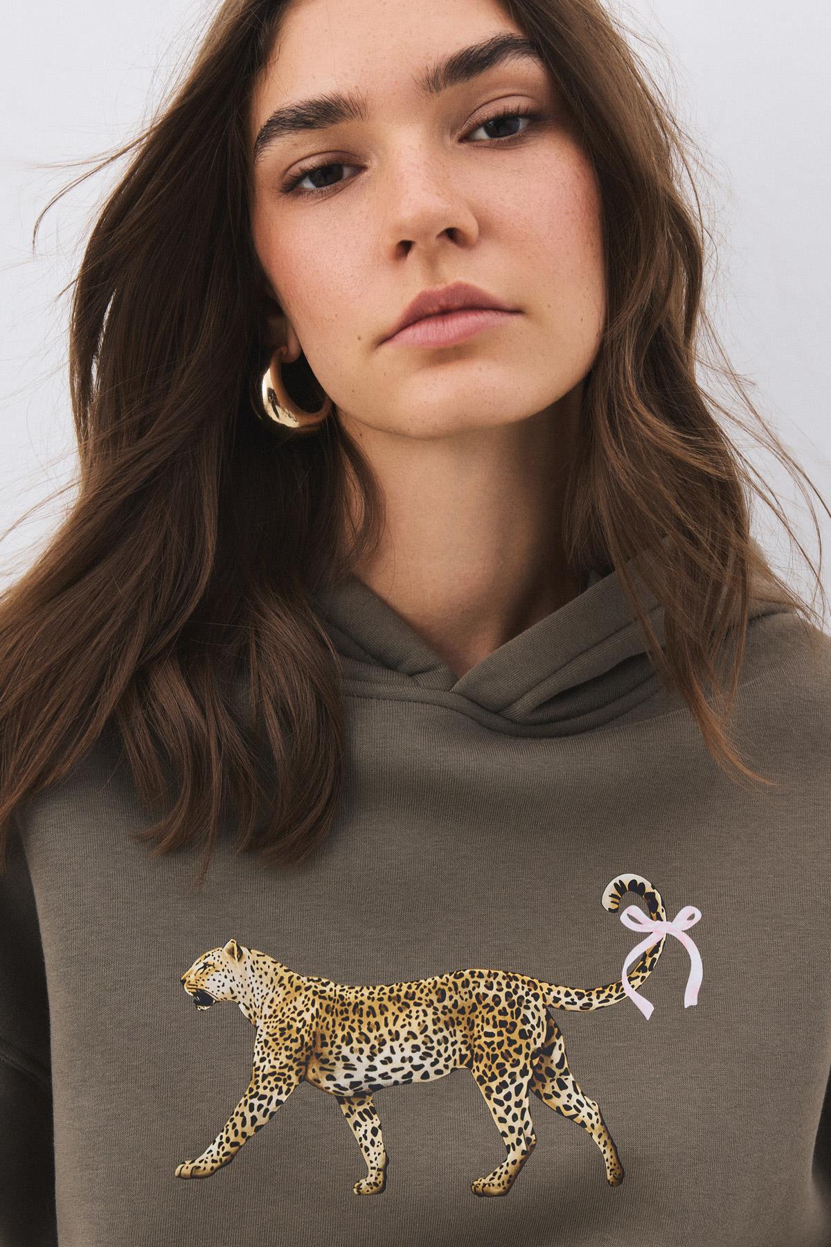 Kadın Leopar Kuyruk Kurdele Sweatshirt Antrasit