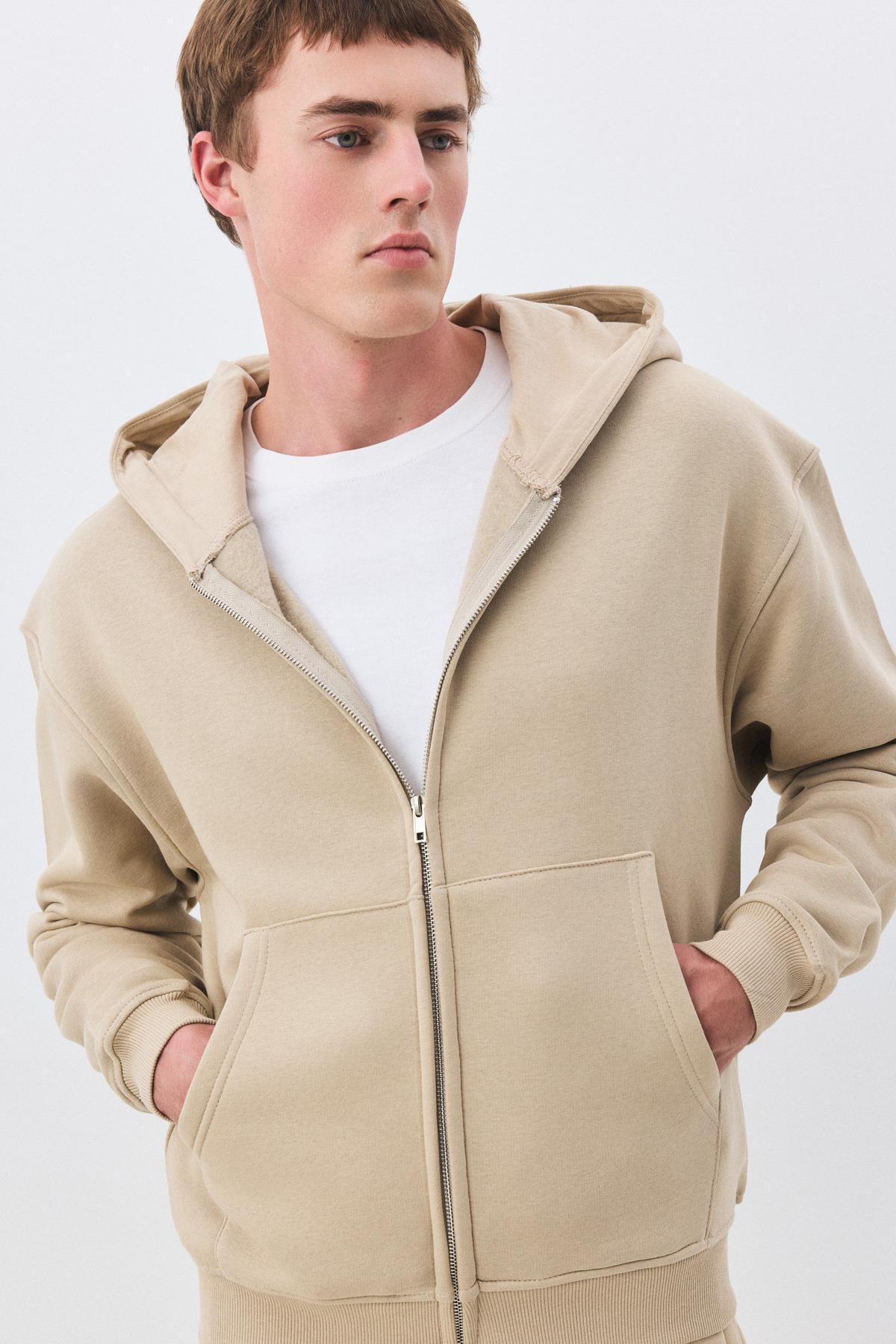 Erkek Premium Fermuarlı Kapşonlu Sweatshirt Taş 2032