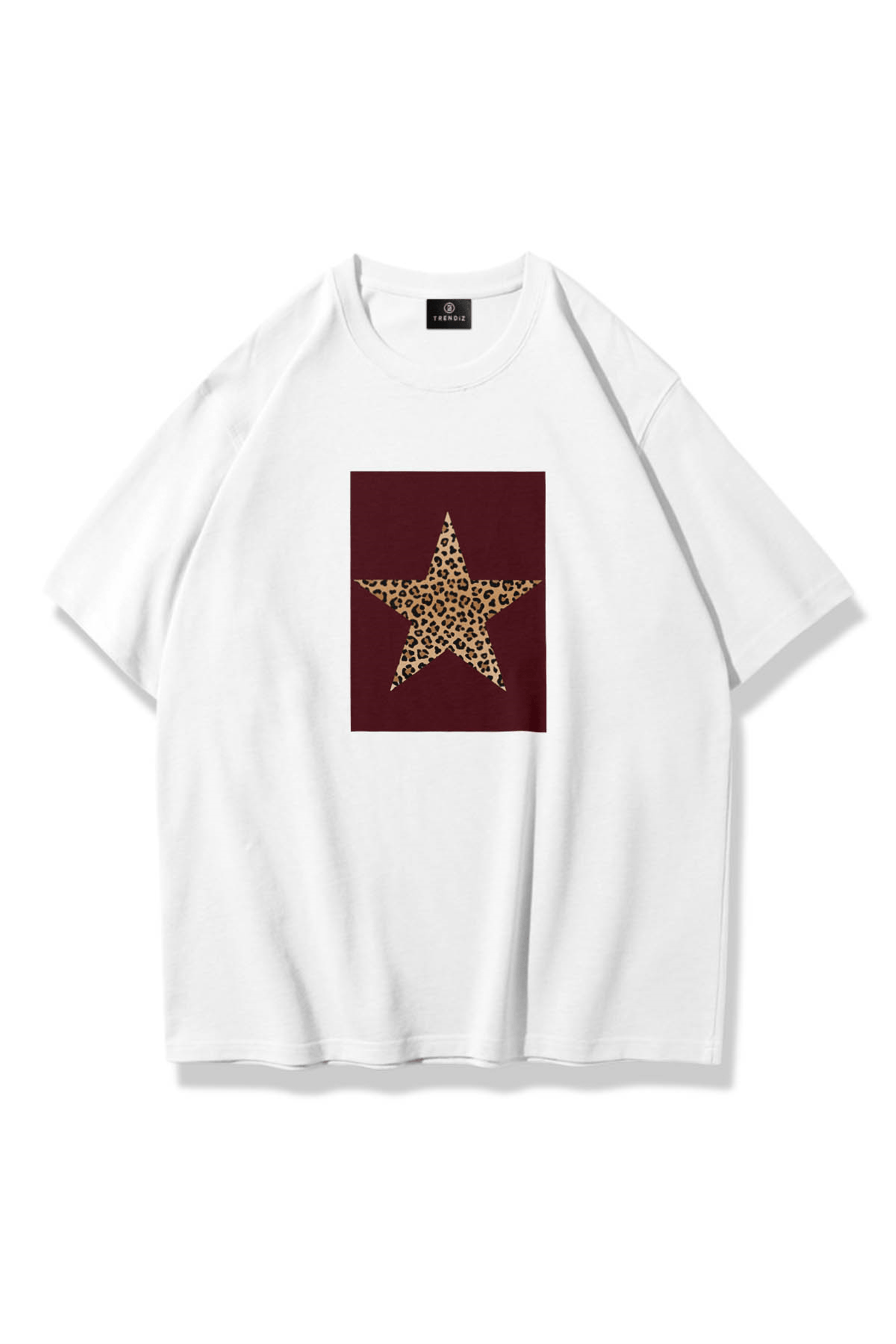 Kadın Bordo Çerçeveli Leopar Yıldız Tshirt Beyaz