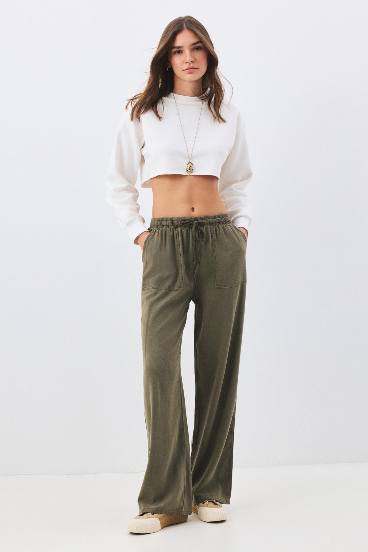 Kadın Yüksek Bel Viskon Palazzo Pantolon Haki 4629