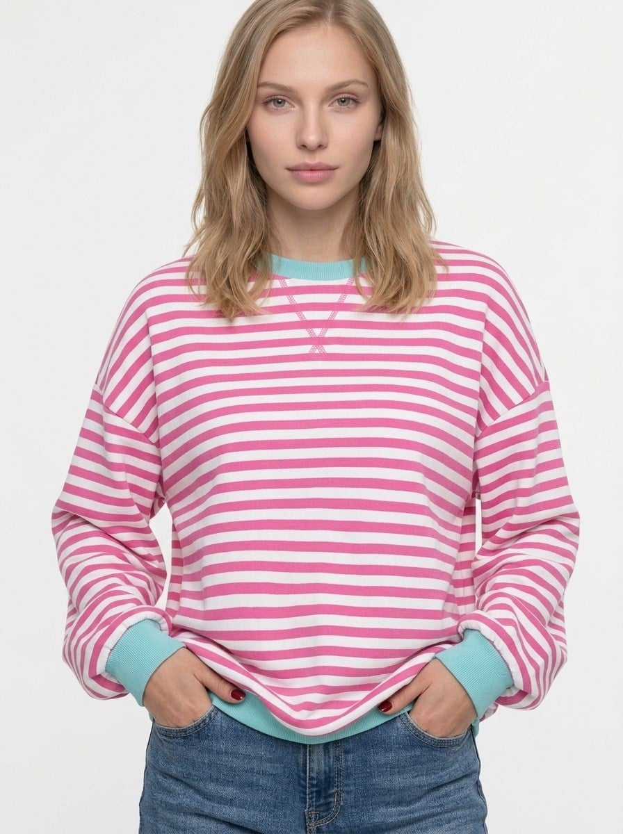 Kadın Çizgili Ribanalı Oversize Sweatshirt Pembe Beyaz