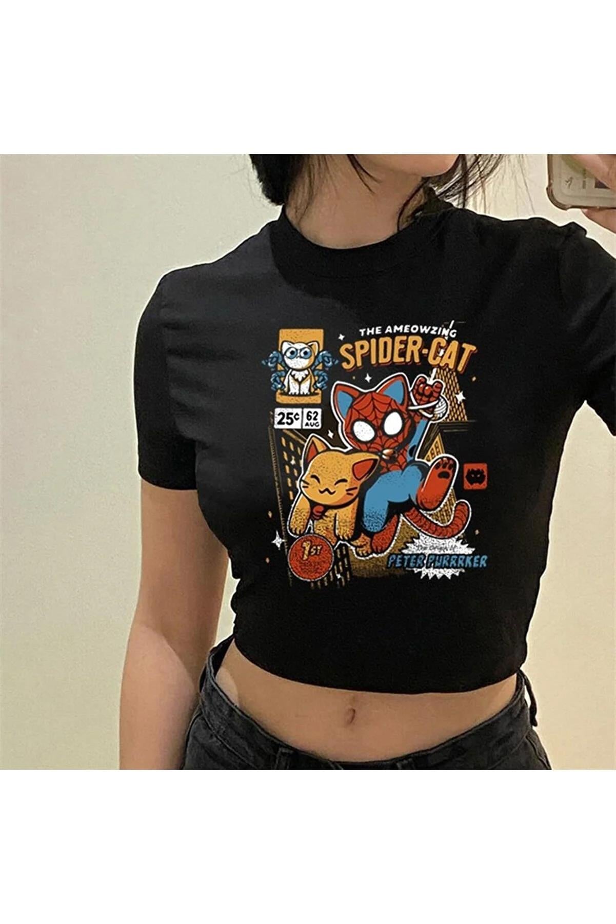 Kadın Spider Cat Crop Siyah
