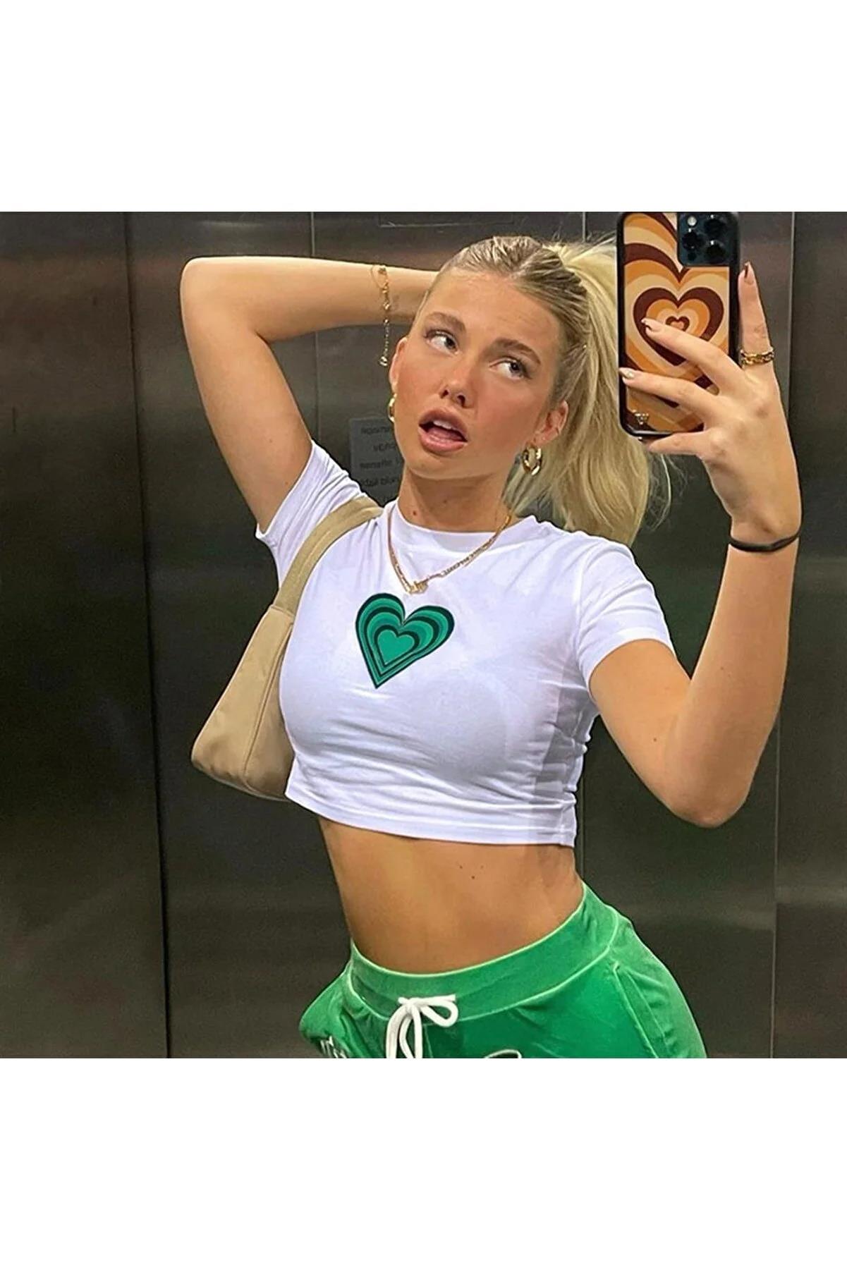 Kadın Vintage Green Heart Crop Beyaz