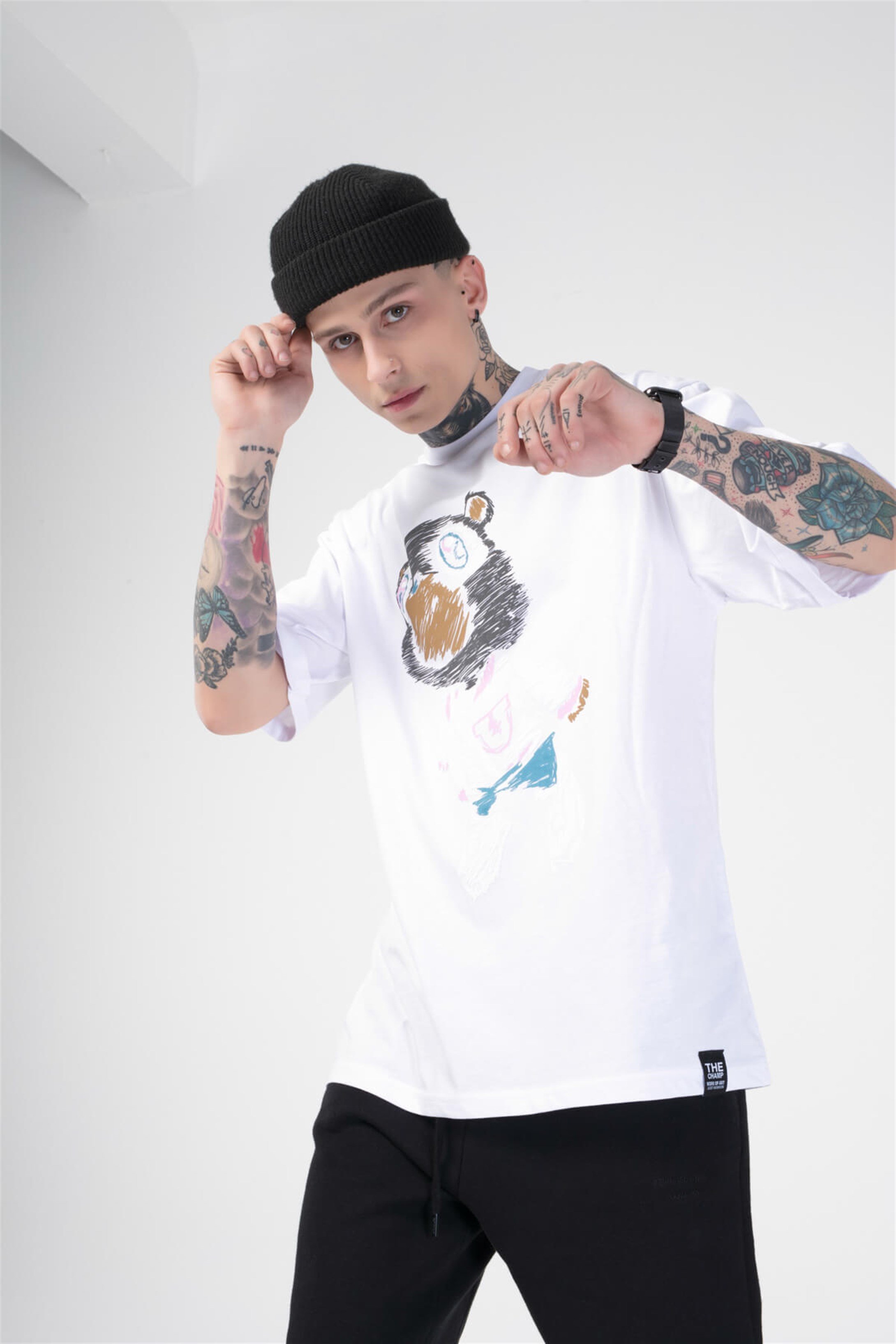 The Champ Paint Bear Unisex Tshirt Beyaz