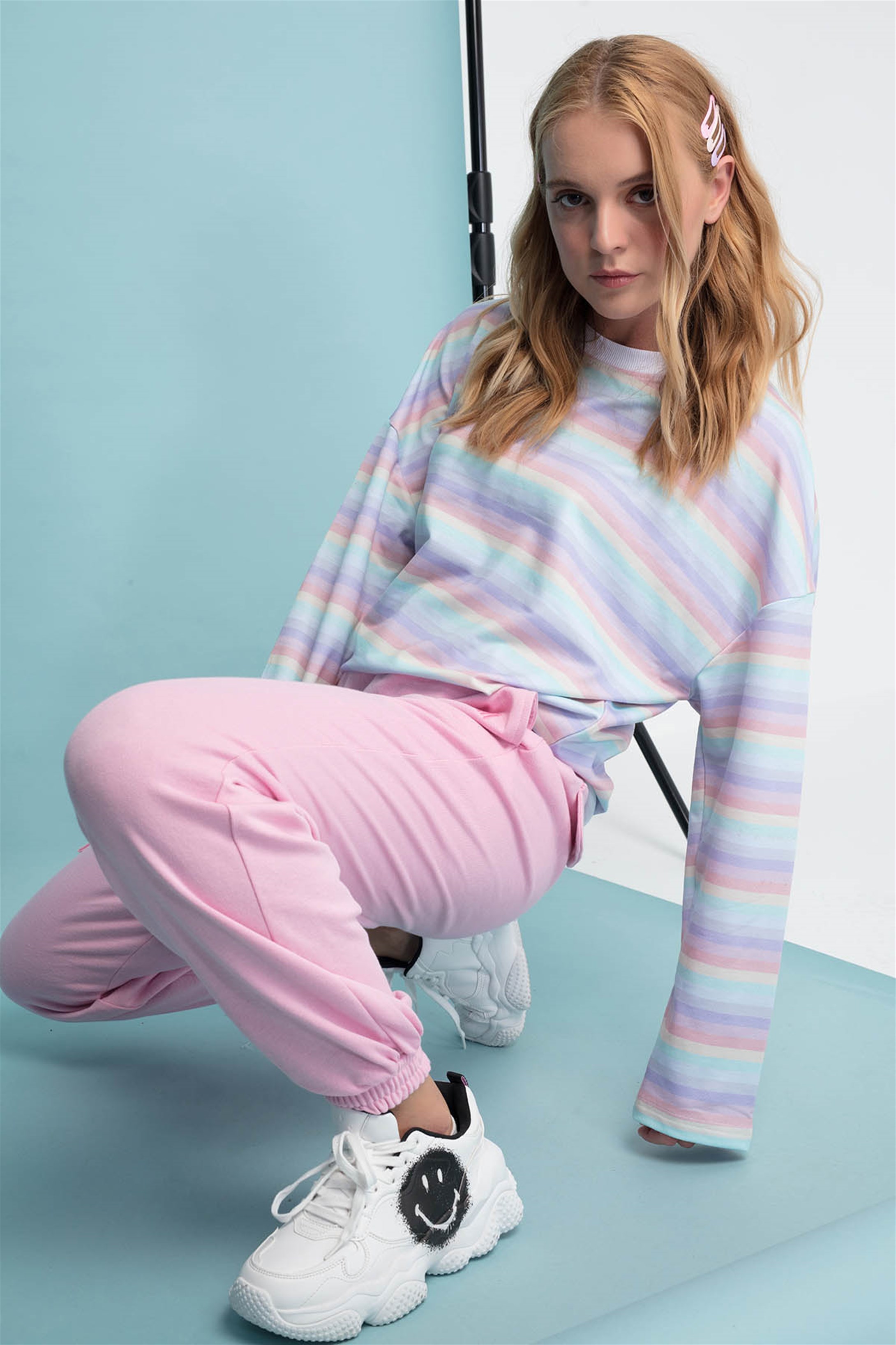 Trendiz Çizgili Yuvarlak Yaka Pembe 141104